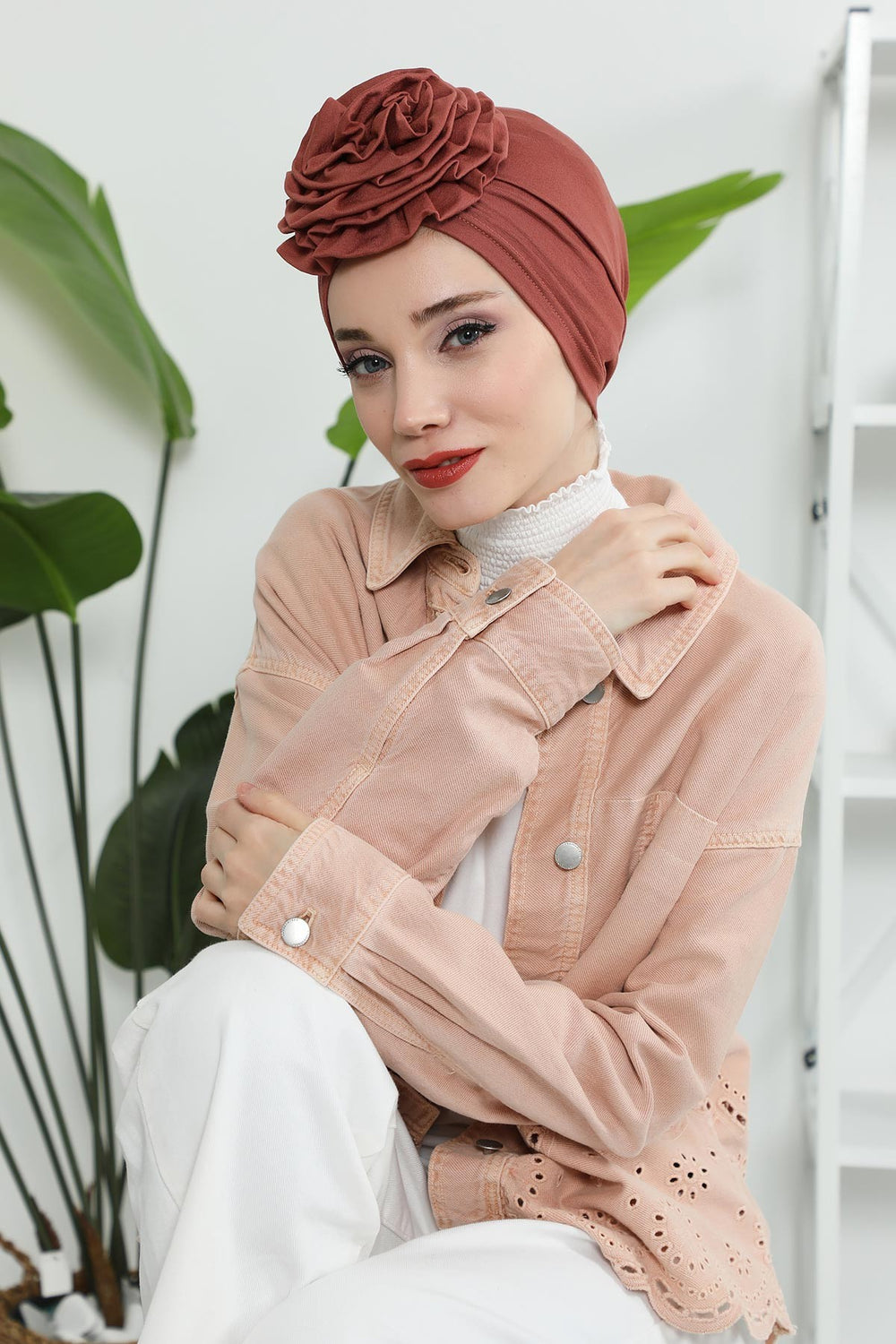 Chic Rose Accent Instant Turban Hijab for Women, Cotton Scarf Chemo Head Wrap, Plain Bonnet Cap with a Beautiful Big Handmade Rose,B-21 Cinnamon