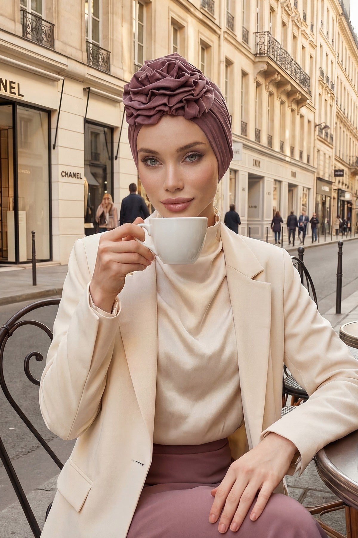 Chic Rose Accent Instant Turban Hijab for Women, Cotton Scarf Chemo Head Wrap, Plain Bonnet Cap with a Beautiful Big Handmade Rose,B-21 Dusty Rose