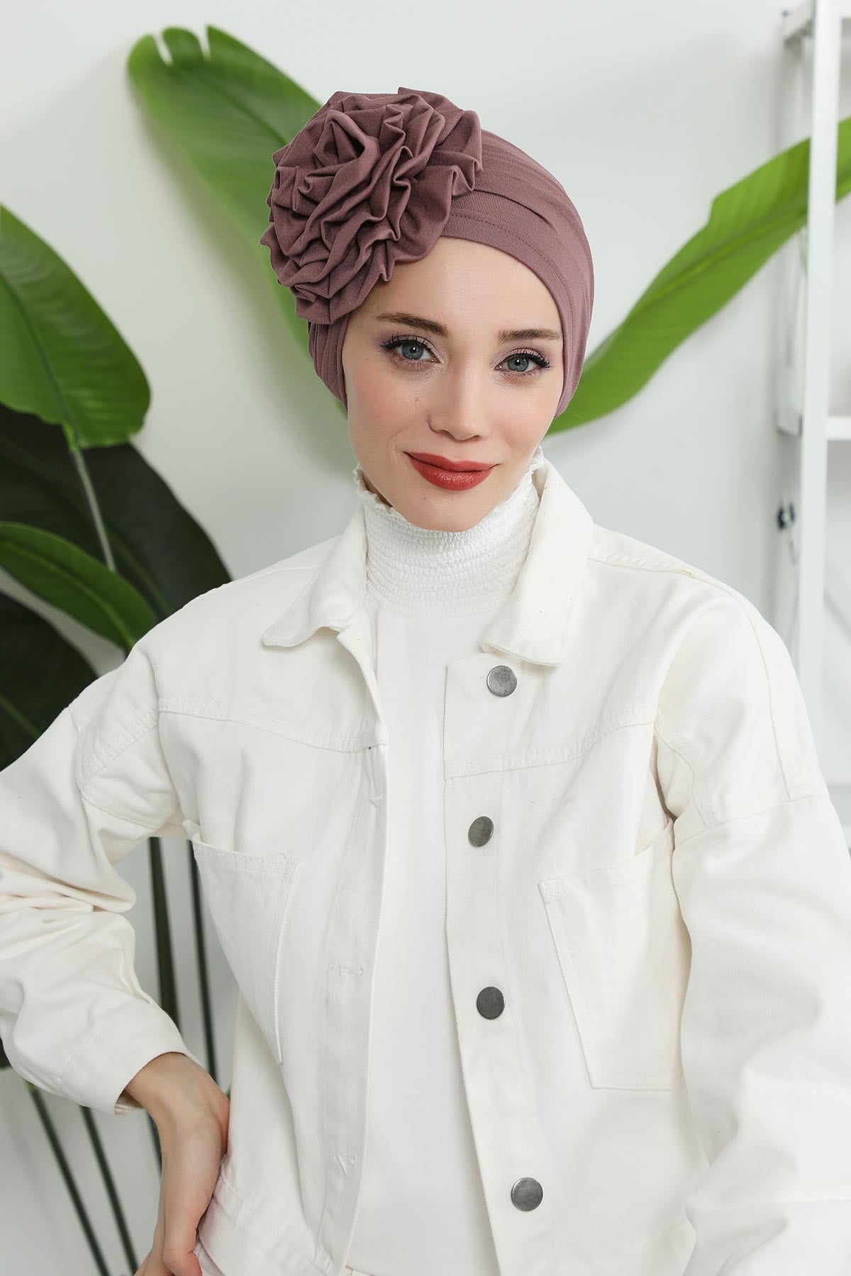 Chic Rose Accent Instant Turban Hijab for Women, Cotton Scarf Chemo Head Wrap, Plain Bonnet Cap with a Beautiful Big Handmade Rose,B-21 Dusty Rose