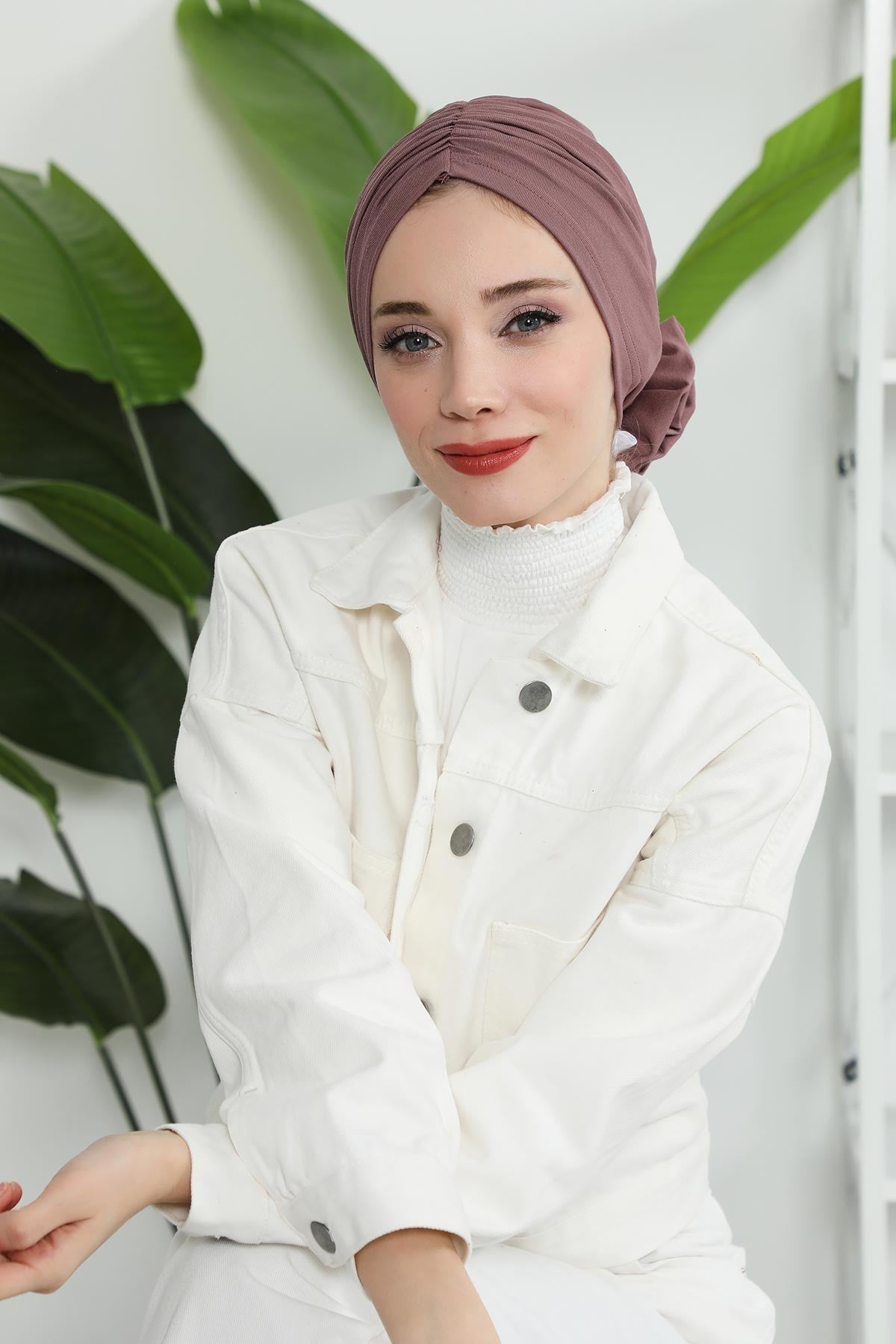 Chic Rose Accent Instant Turban Hijab for Women, Cotton Scarf Chemo Head Wrap, Plain Bonnet Cap with a Beautiful Big Handmade Rose,B-21 Dusty Rose