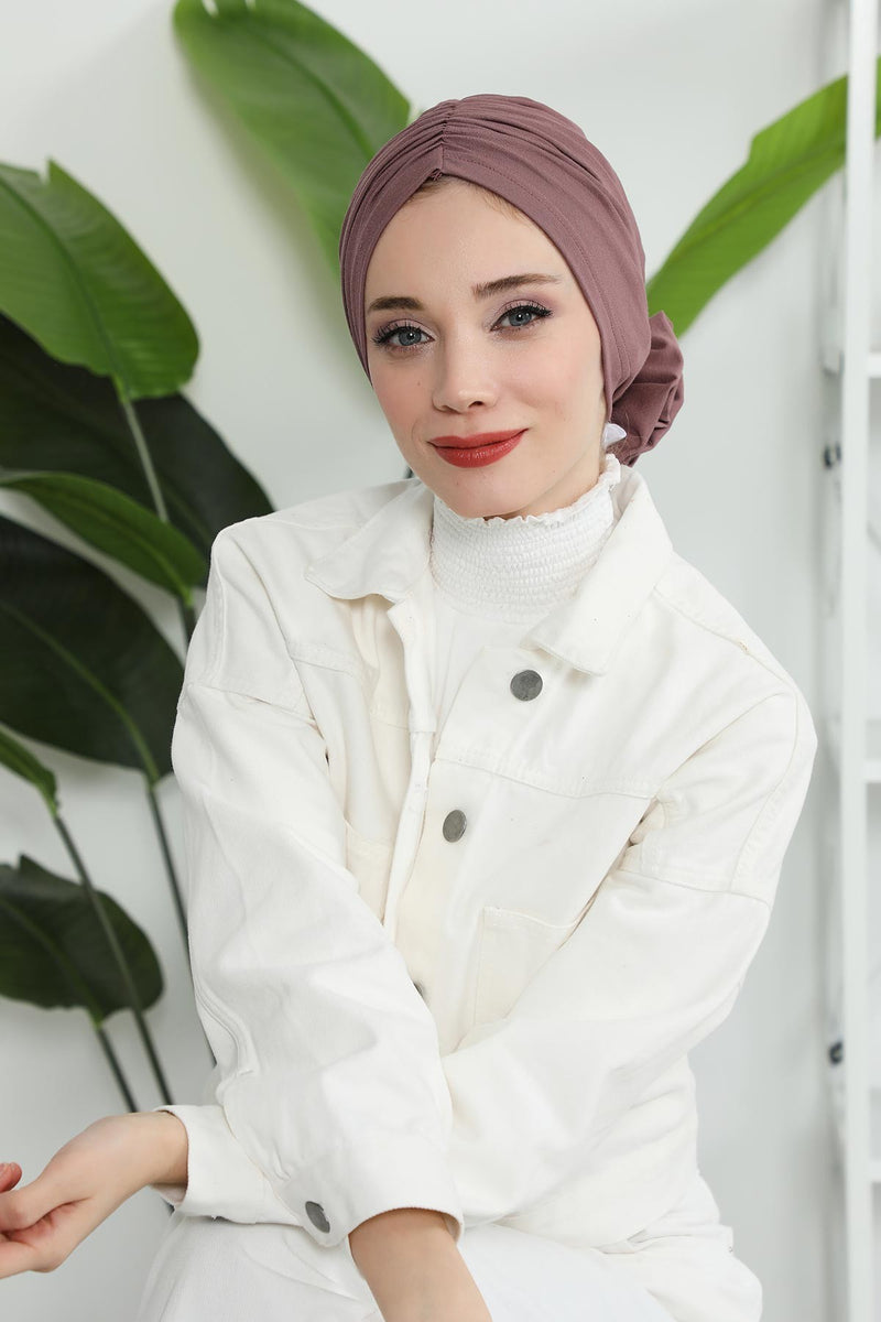 حجاب عمامة فوري أنيق باللون الوردي للنساء، وشاح قطني لف الرأس الكيميائي، قبعة بونيه سادة مع وردة كبيرة جميلة مصنوعة يدويًا، B-21