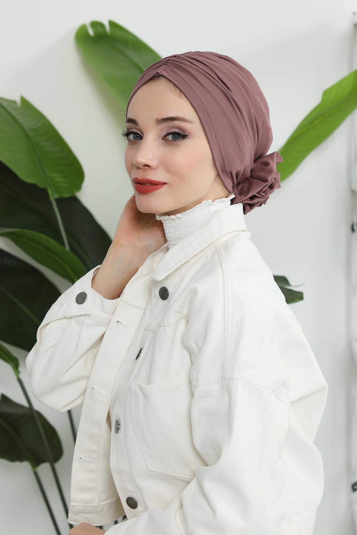 Chic Rose Accent Instant Turban Hijab for Women, Cotton Scarf Chemo Head Wrap, Plain Bonnet Cap with a Beautiful Big Handmade Rose,B-21 Dusty Rose