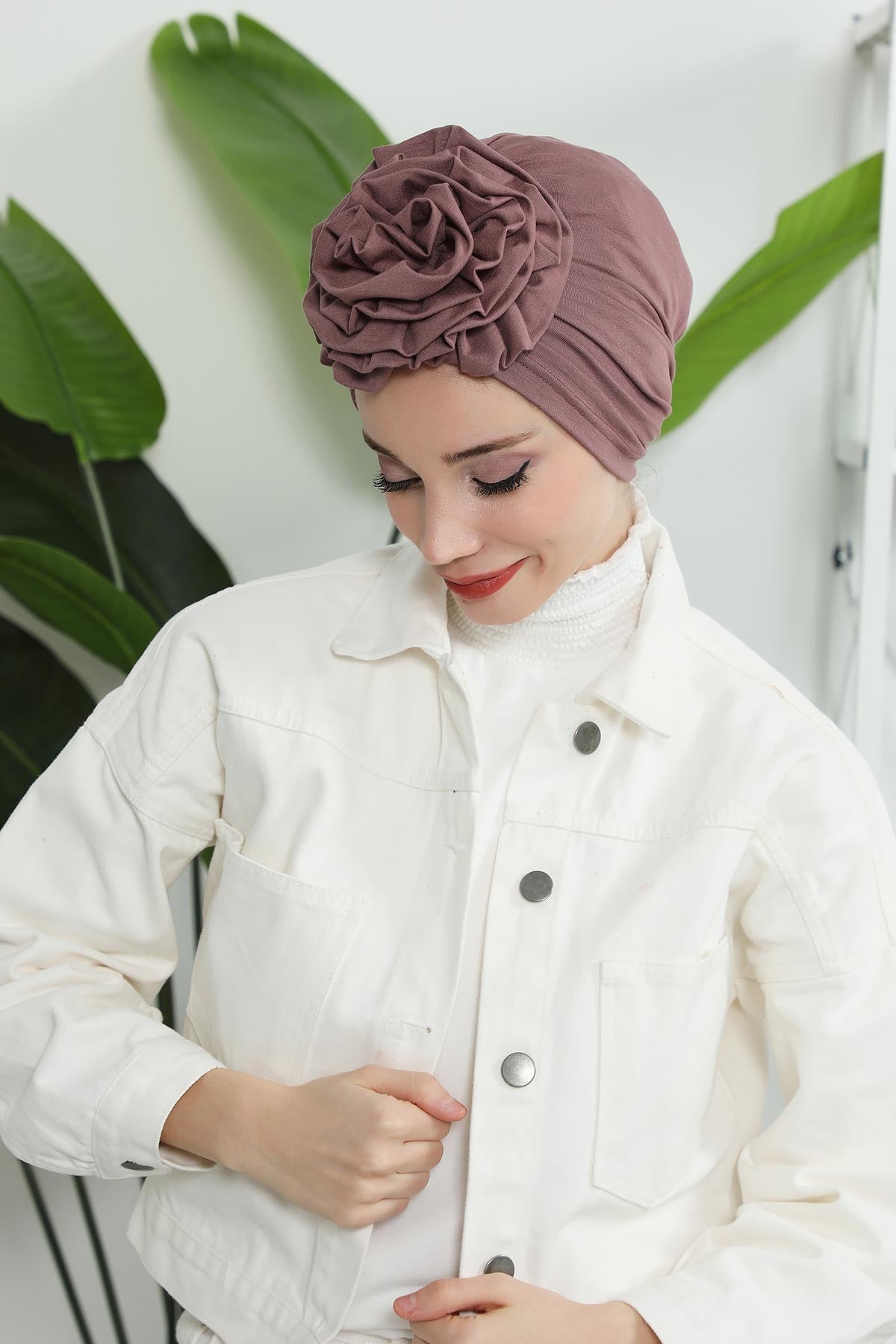 Chic Rose Accent Instant Turban Hijab for Women, Cotton Scarf Chemo Head Wrap, Plain Bonnet Cap with a Beautiful Big Handmade Rose,B-21 Dusty Rose