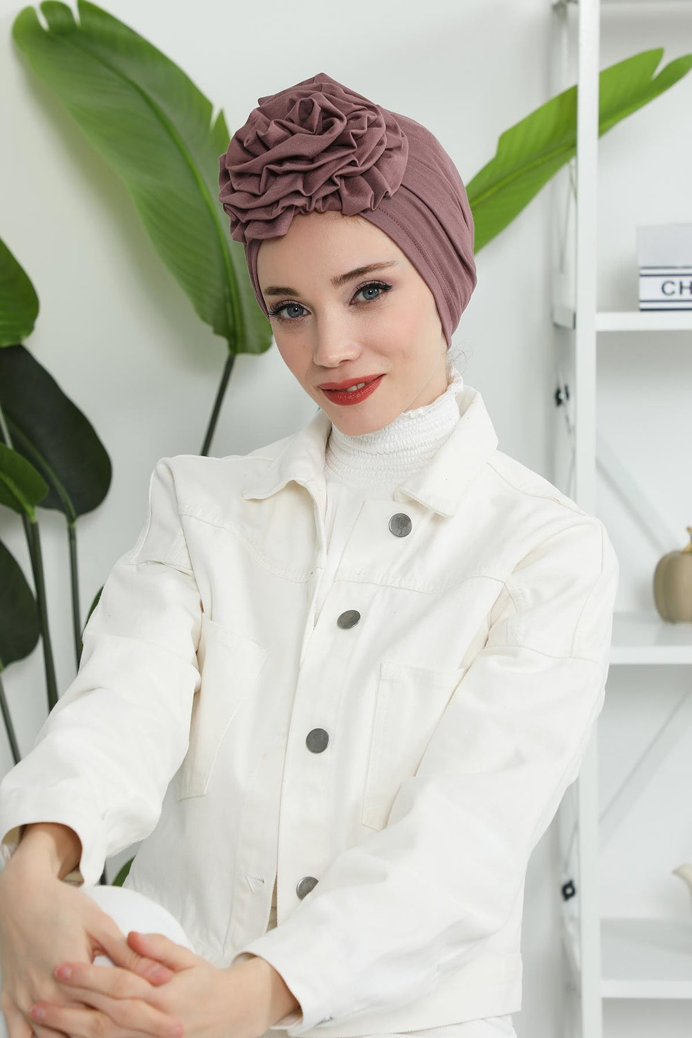 Chic Rose Accent Instant Turban Hijab for Women, Cotton Scarf Chemo Head Wrap, Plain Bonnet Cap with a Beautiful Big Handmade Rose,B-21 Dusty Rose