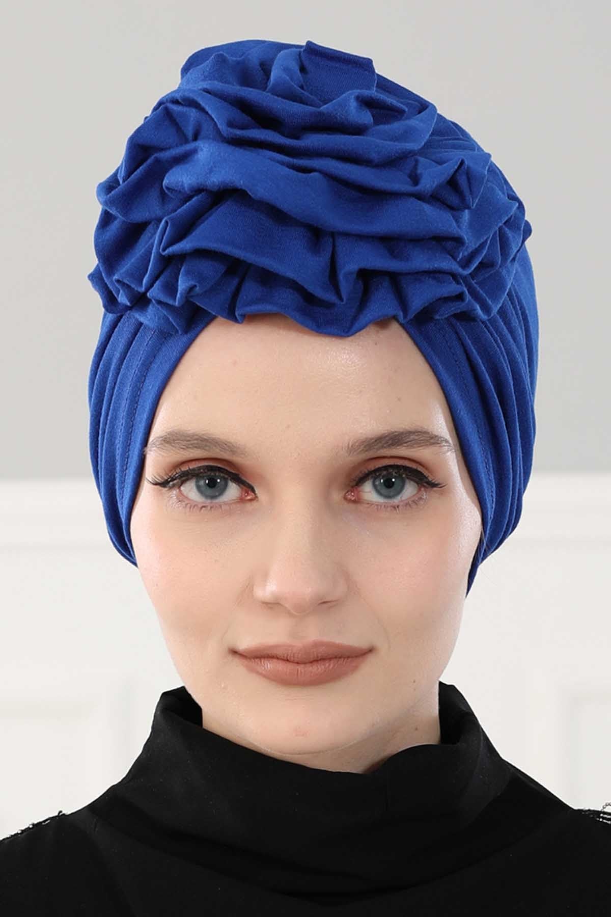 Chic Rose Accent Instant Turban Hijab for Women, Cotton Scarf Chemo Head Wrap, Plain Bonnet Cap with a Beautiful Big Handmade Rose,B-21 Sax Blue