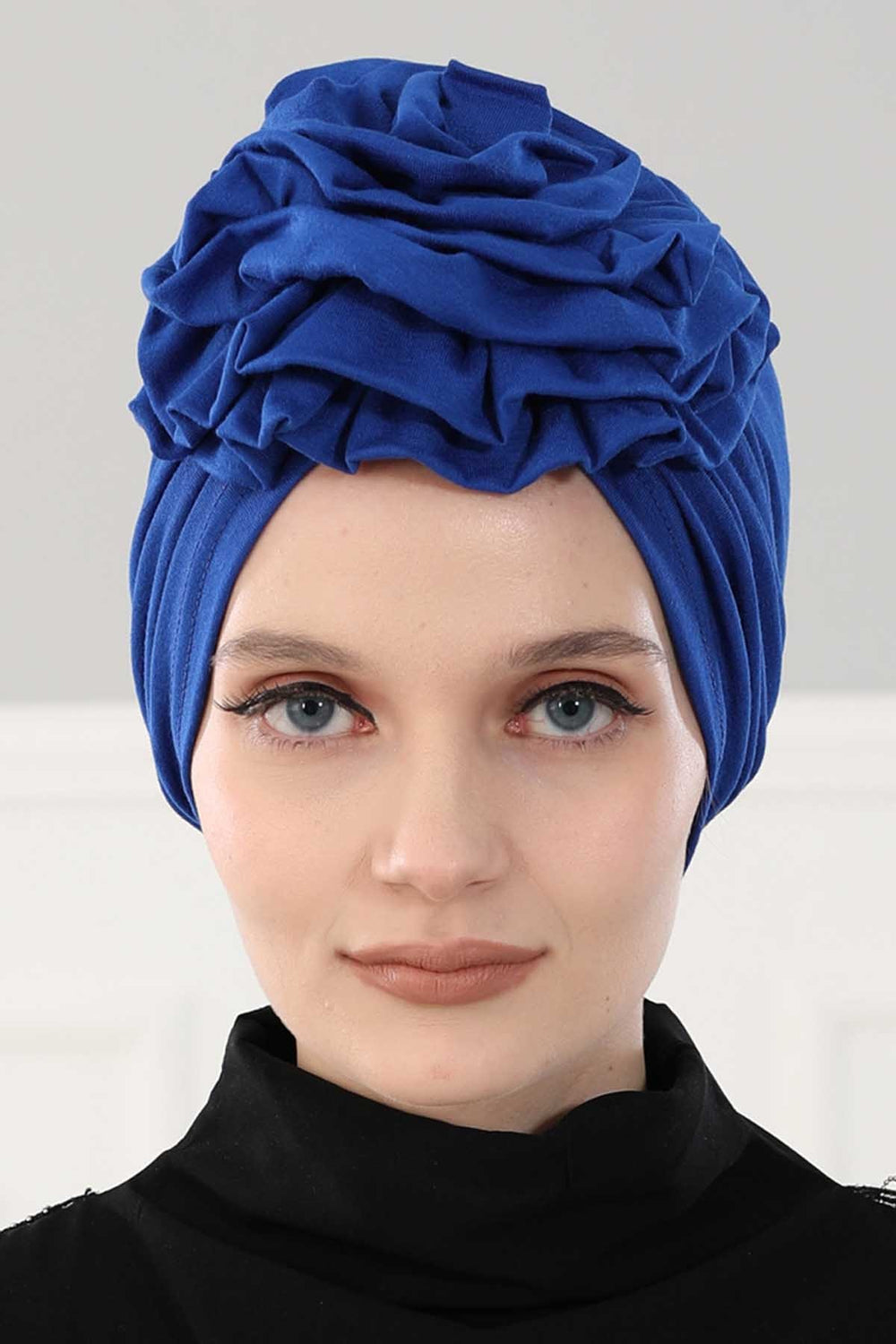 Chic Rose Accent Instant Turban Hijab for Women, Cotton Scarf Chemo Head Wrap, Plain Bonnet Cap with a Beautiful Big Handmade Rose,B-21 Sax Blue