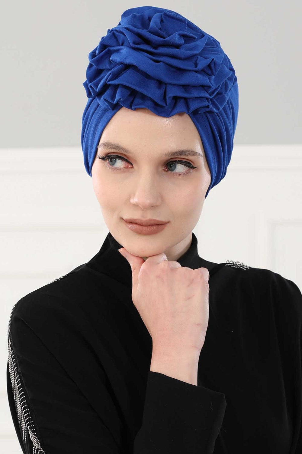 Chic Rose Accent Instant Turban Hijab for Women, Cotton Scarf Chemo Head Wrap, Plain Bonnet Cap with a Beautiful Big Handmade Rose,B-21 Sax Blue