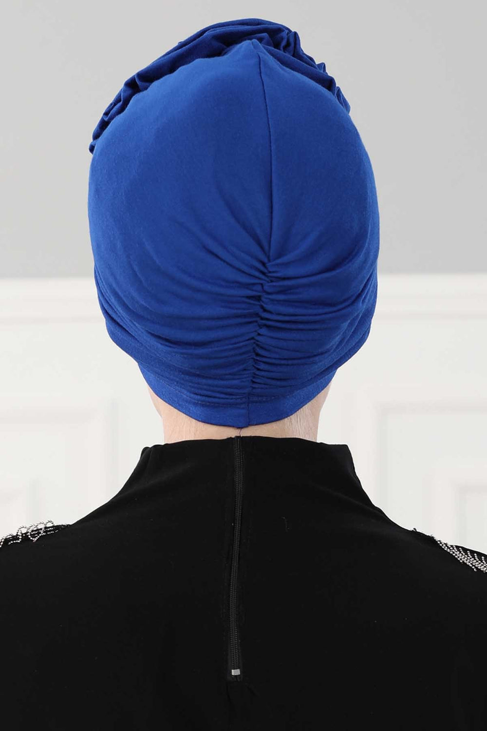 Chic Rose Accent Instant Turban Hijab for Women, Cotton Scarf Chemo Head Wrap, Plain Bonnet Cap with a Beautiful Big Handmade Rose,B-21 Sax Blue
