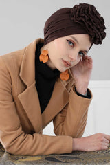 Chic Rose Accent Instant Turban Hijab for Women, Cotton Scarf Chemo Head Wrap, Plain Bonnet Cap with a Beautiful Big Handmade Rose,B-21 Brown
