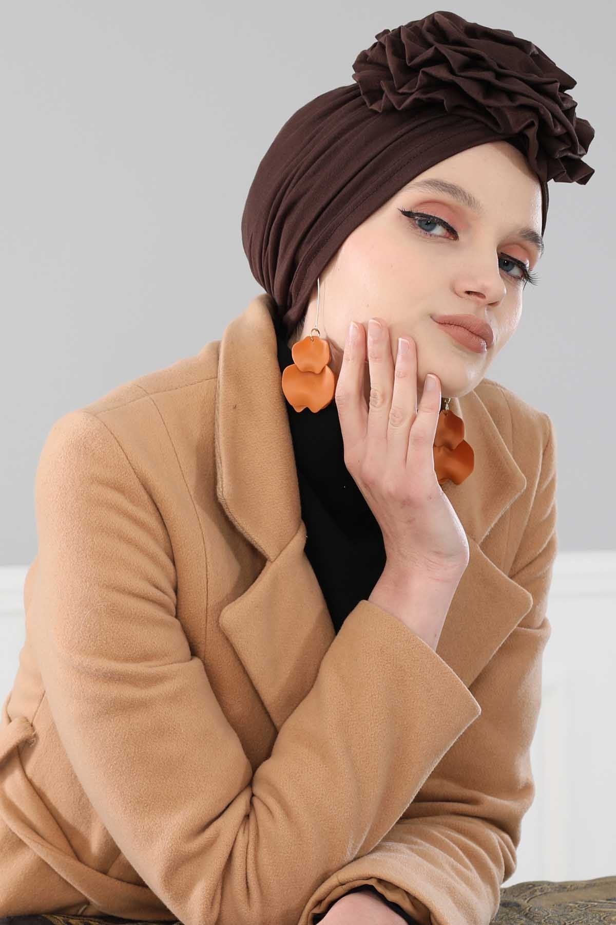 Chic Rose Accent Instant Turban Hijab for Women, Cotton Scarf Chemo Head Wrap, Plain Bonnet Cap with a Beautiful Big Handmade Rose,B-21 Brown