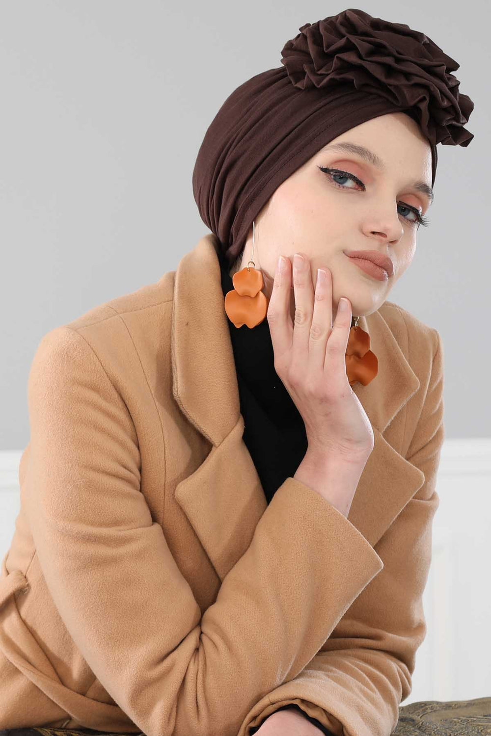 Chic Rose Accent Instant Turban Hijab for Women, Cotton Scarf Chemo Head Wrap, Plain Bonnet Cap with a Beautiful Big Handmade Rose,B-21 Brown