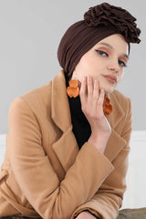 Chic Rose Accent Instant Turban Hijab for Women, Cotton Scarf Chemo Head Wrap, Plain Bonnet Cap with a Beautiful Big Handmade Rose,B-21 Brown
