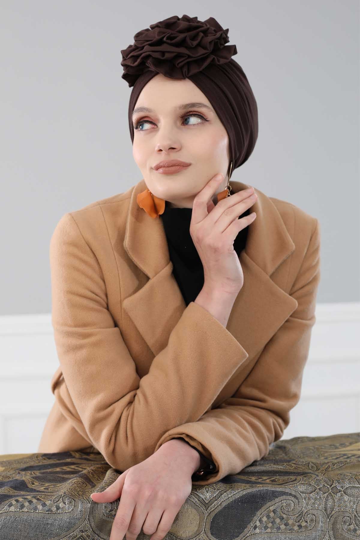 Chic Rose Accent Instant Turban Hijab for Women, Cotton Scarf Chemo Head Wrap, Plain Bonnet Cap with a Beautiful Big Handmade Rose,B-21 Brown