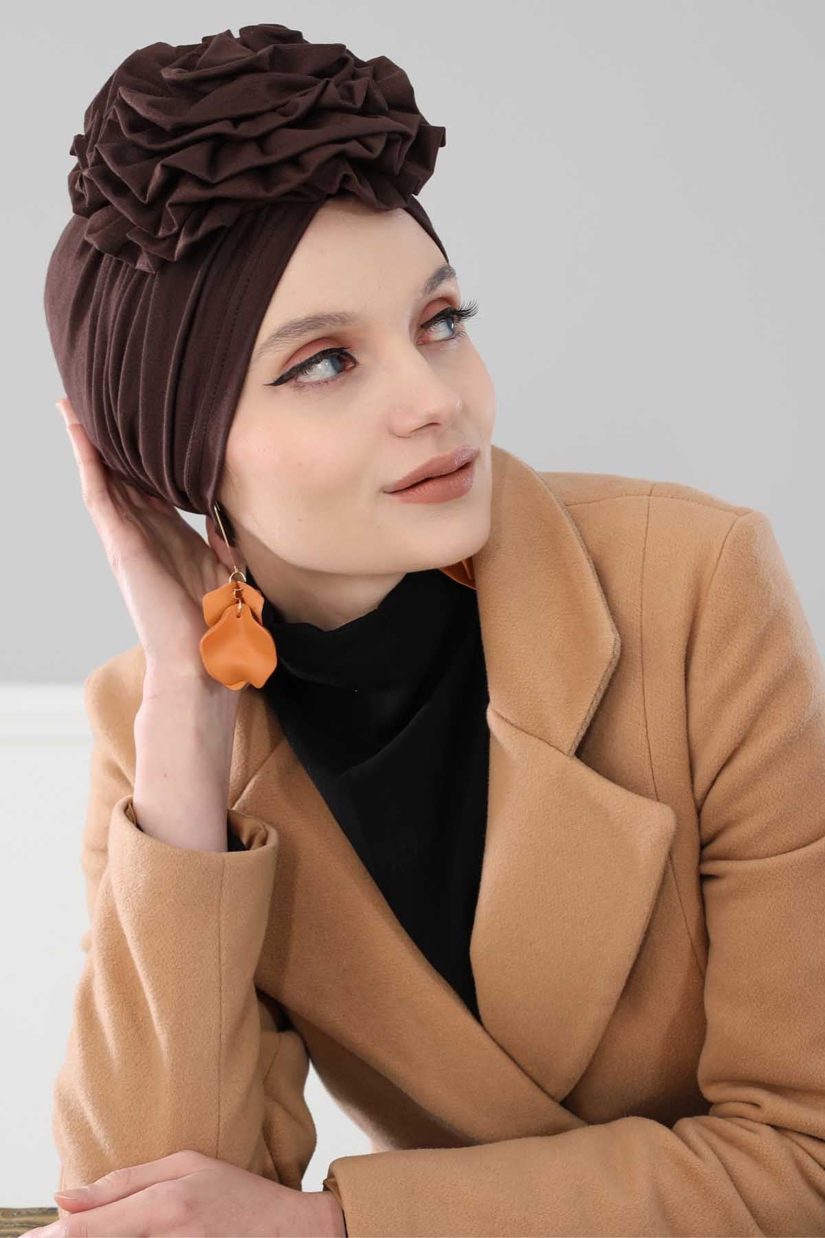 Chic Rose Accent Instant Turban Hijab for Women, Cotton Scarf Chemo Head Wrap, Plain Bonnet Cap with a Beautiful Big Handmade Rose,B-21 Brown