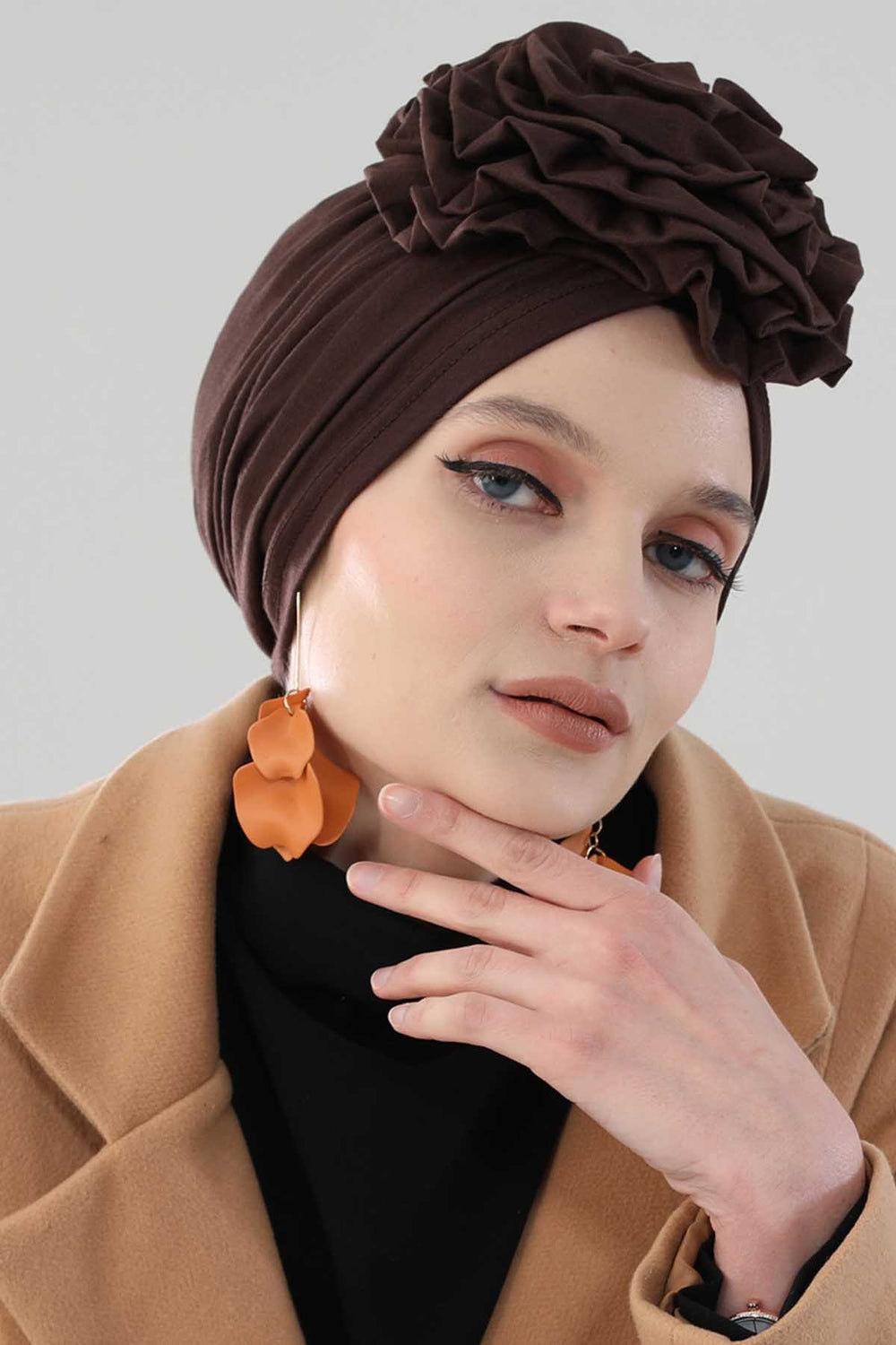 Chic Rose Accent Instant Turban Hijab for Women, Cotton Scarf Chemo Head Wrap, Plain Bonnet Cap with a Beautiful Big Handmade Rose,B-21 Brown