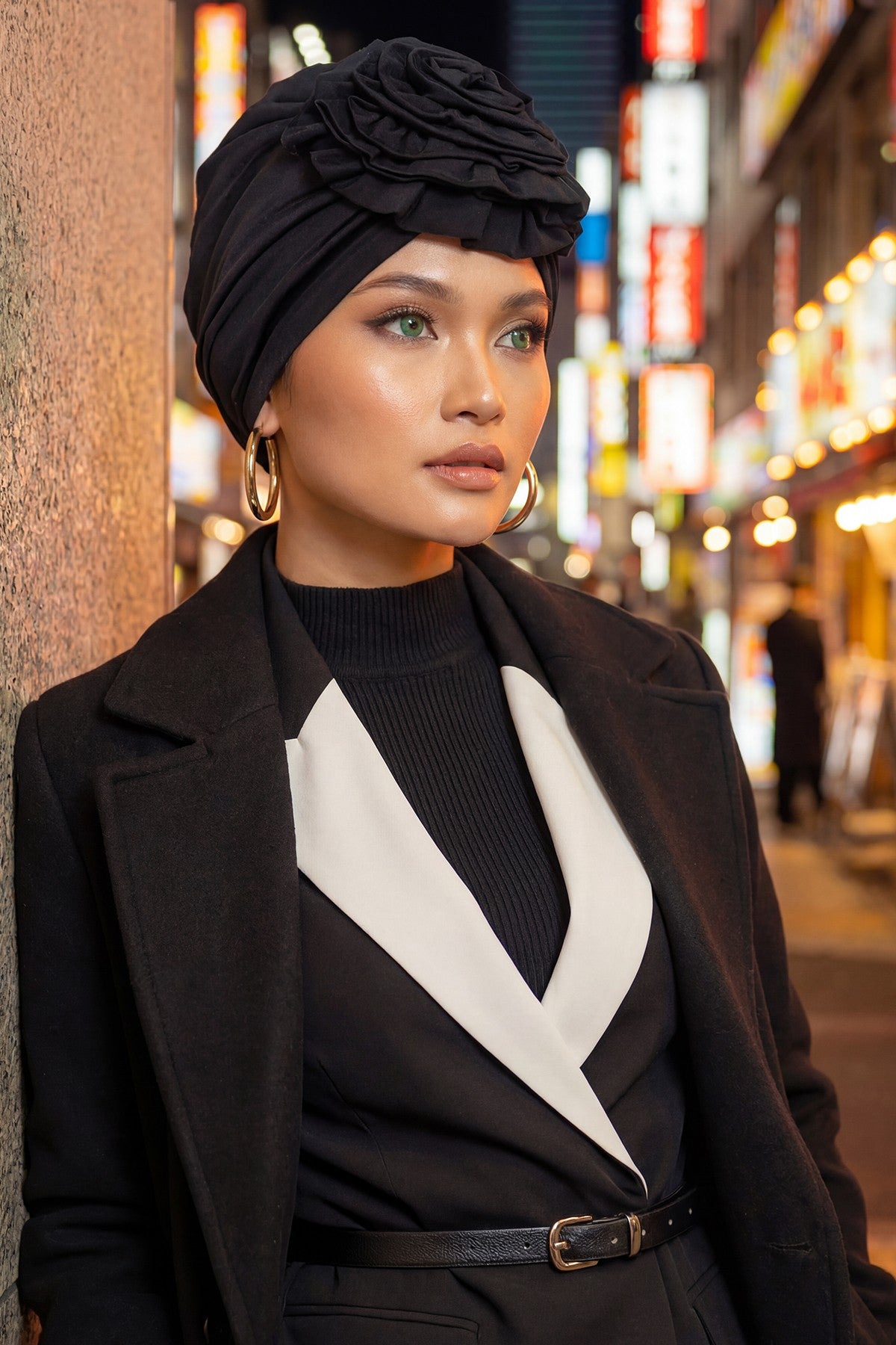 Chic Rose Accent Instant Turban Hijab for Women, Cotton Scarf Chemo Head Wrap, Plain Bonnet Cap with a Beautiful Big Handmade Rose,B-21 Black