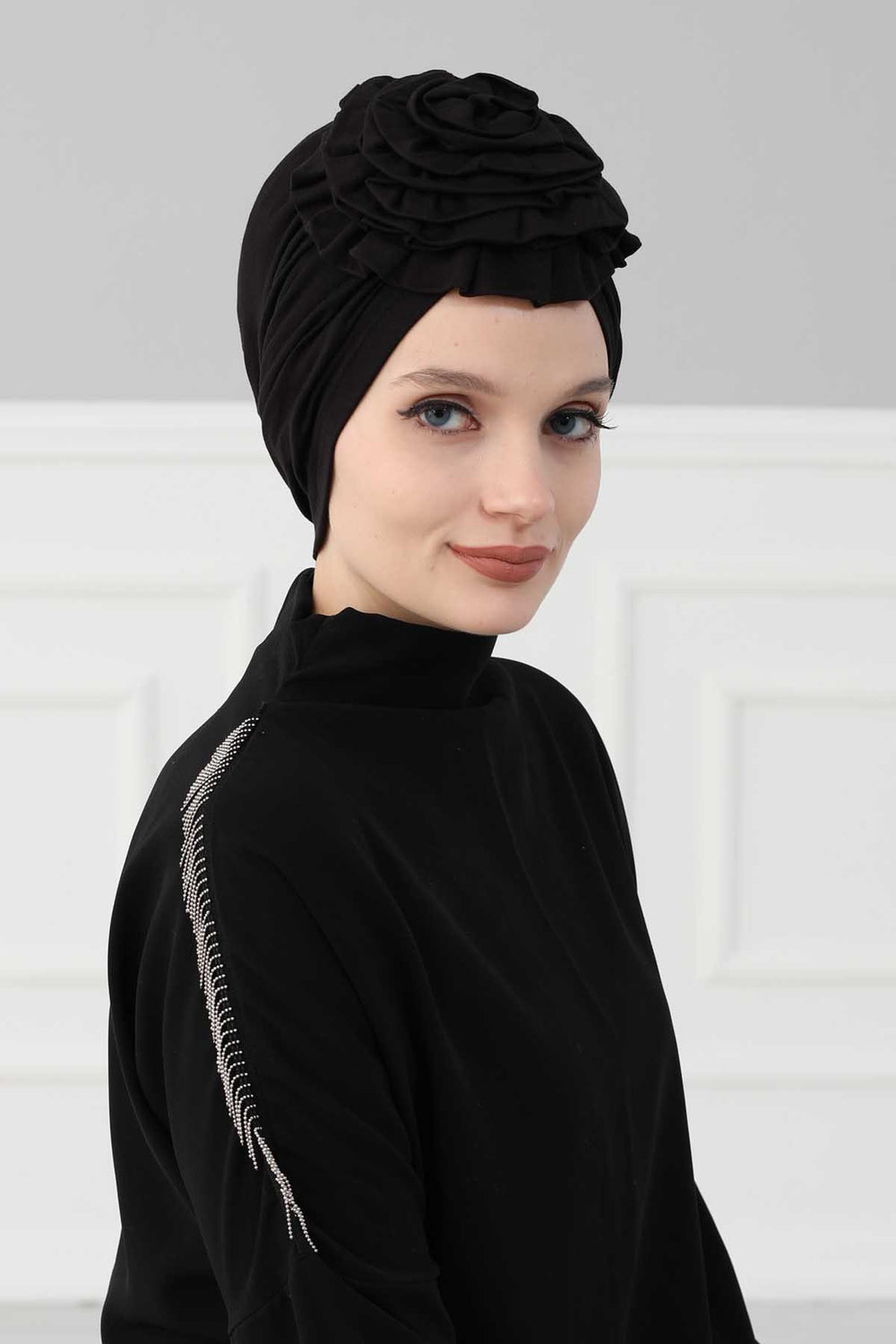 Chic Rose Accent Instant Turban Hijab for Women, Cotton Scarf Chemo Head Wrap, Plain Bonnet Cap with a Beautiful Big Handmade Rose,B-21 Black