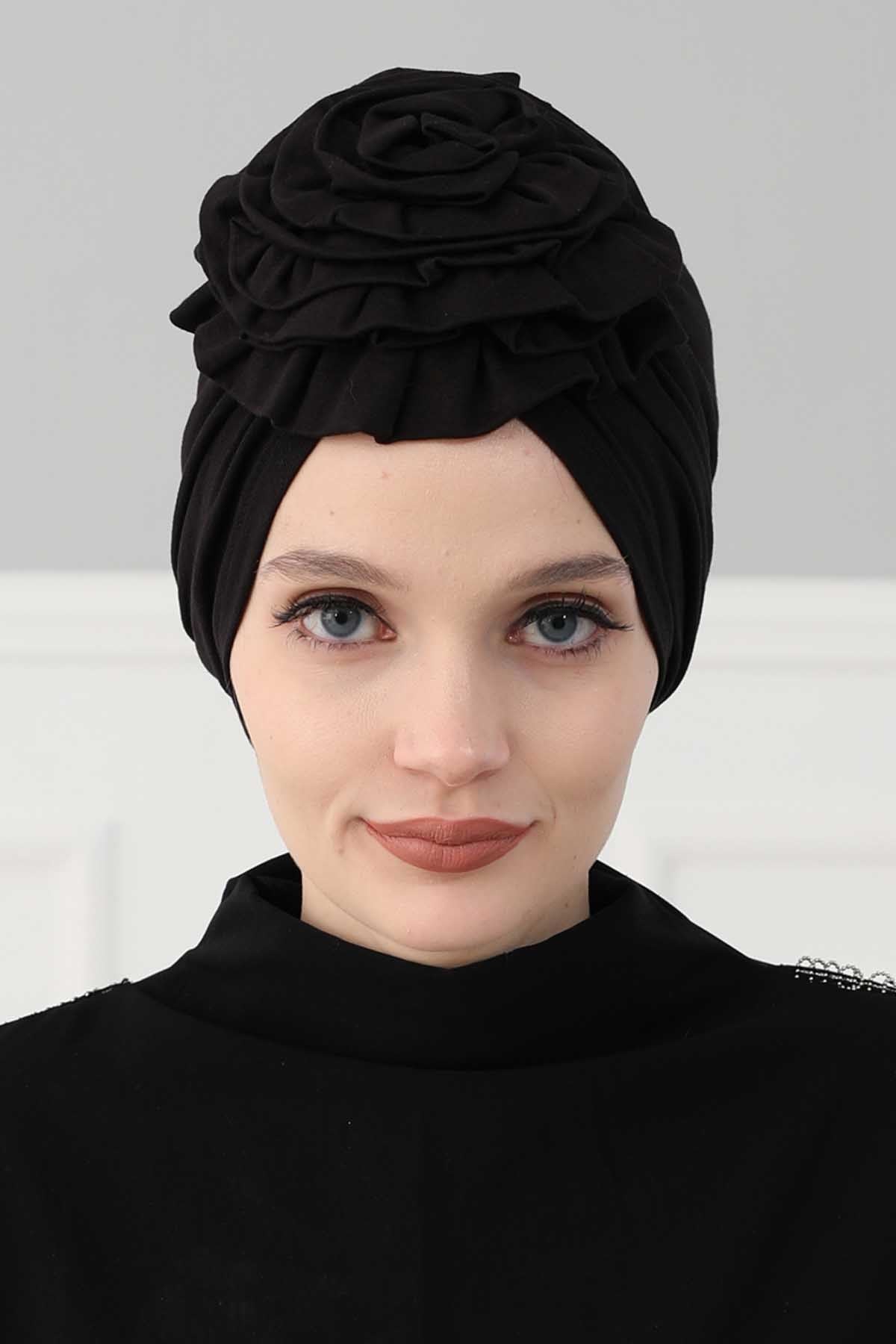 Chic Rose Accent Instant Turban Hijab for Women, Cotton Scarf Chemo Head Wrap, Plain Bonnet Cap with a Beautiful Big Handmade Rose,B-21 Black