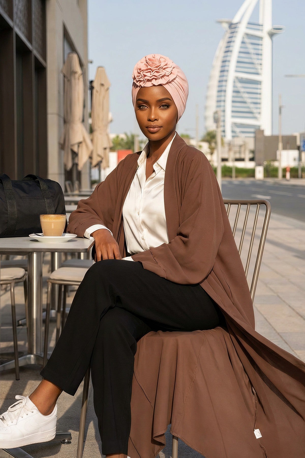 Chic Rose Accent Instant Turban Hijab for Women, Cotton Scarf Chemo Head Wrap, Plain Bonnet Cap with a Beautiful Big Handmade Rose,B-21 Powder
