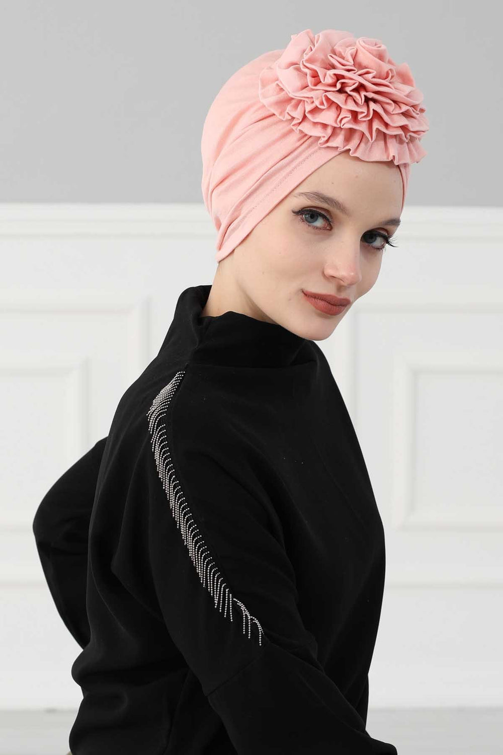 Chic Rose Accent Instant Turban Hijab for Women, Cotton Scarf Chemo Head Wrap, Plain Bonnet Cap with a Beautiful Big Handmade Rose,B-21 Powder
