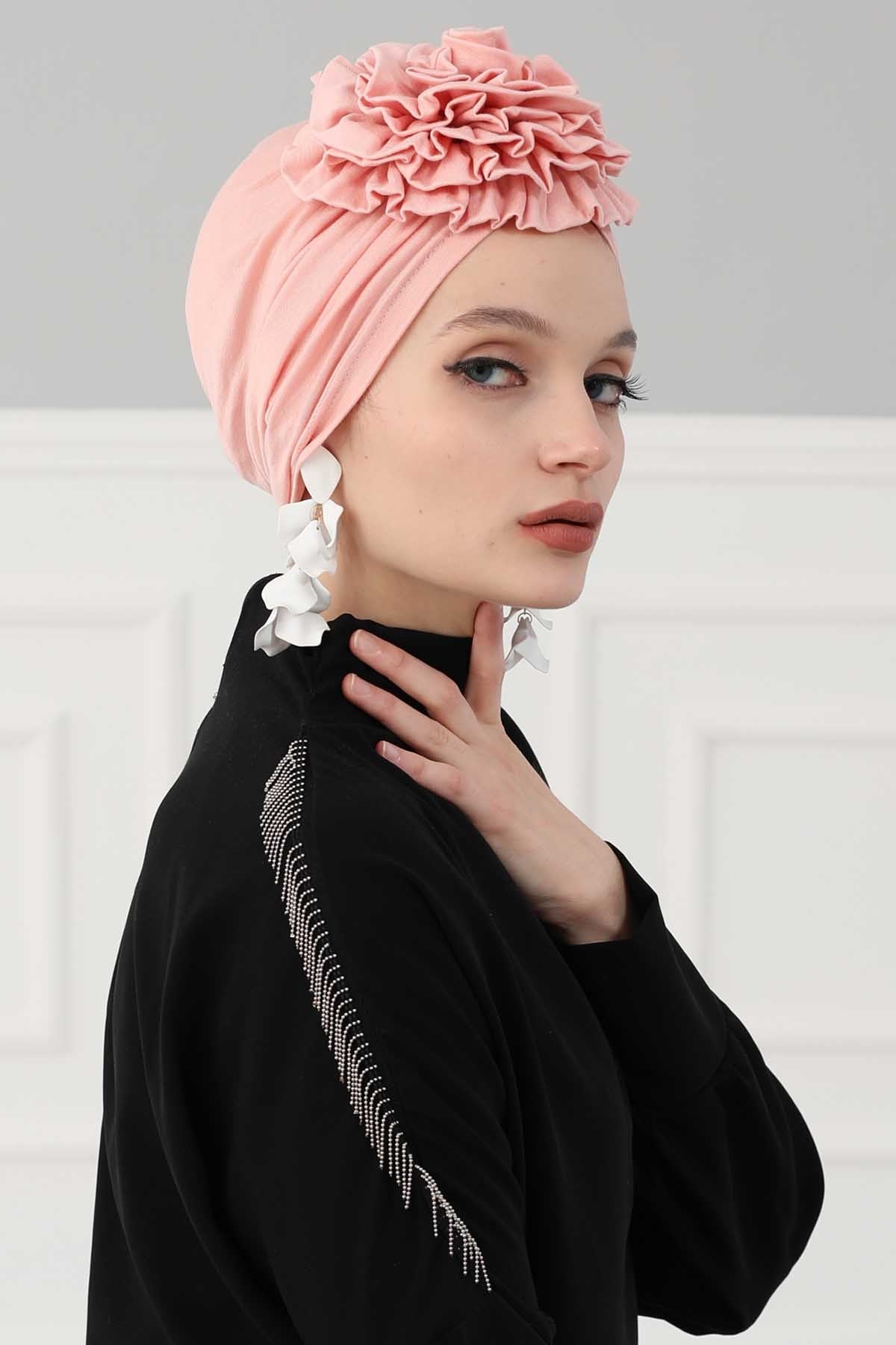 Chic Rose Accent Instant Turban Hijab for Women, Cotton Scarf Chemo Head Wrap, Plain Bonnet Cap with a Beautiful Big Handmade Rose,B-21 Powder