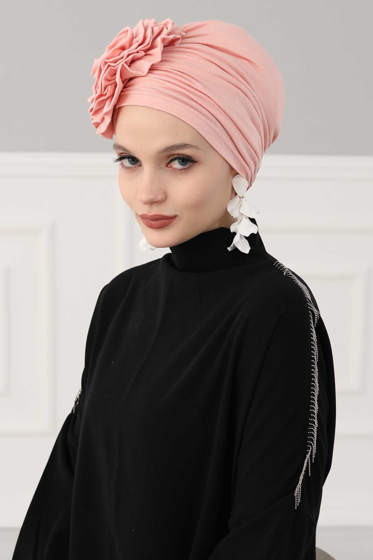 Chic Rose Accent Instant Turban Hijab for Women, Cotton Scarf Chemo Head Wrap, Plain Bonnet Cap with a Beautiful Big Handmade Rose,B-21 Powder