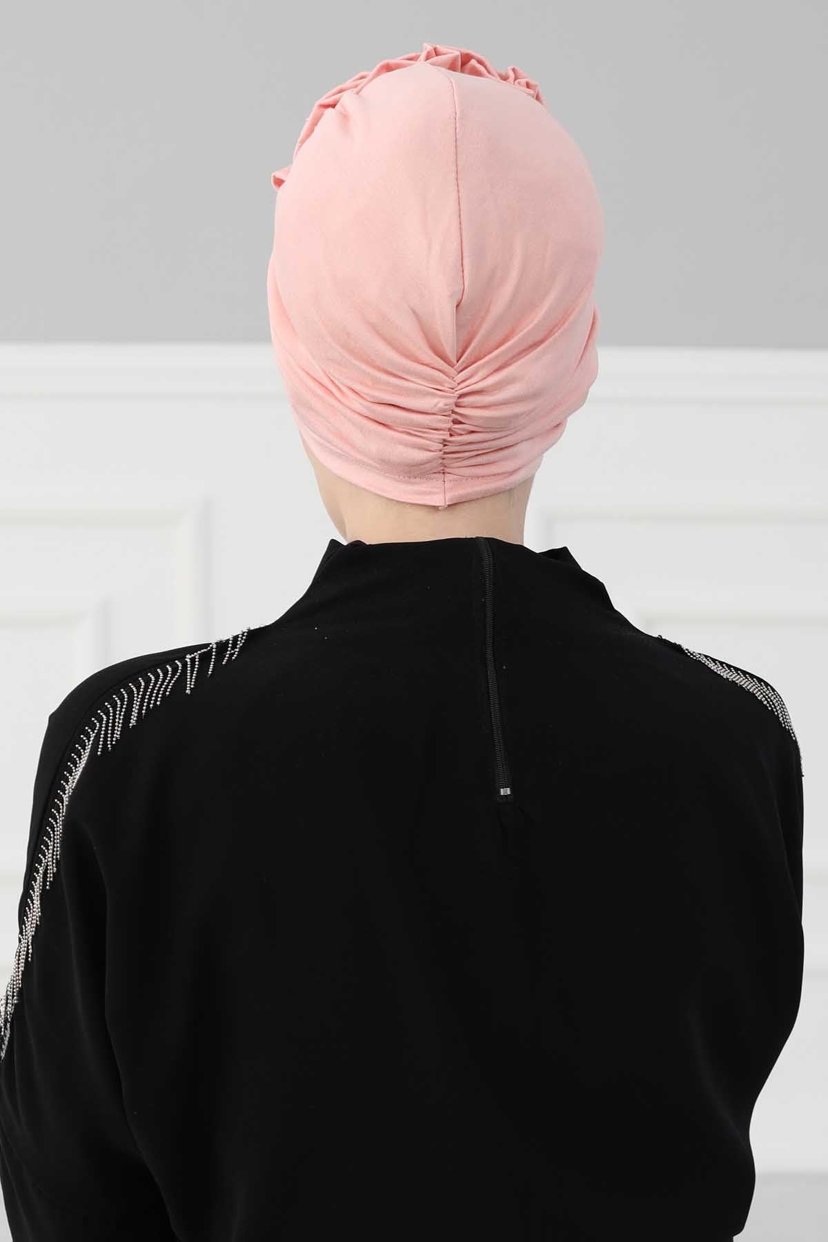 Chic Rose Accent Instant Turban Hijab for Women, Cotton Scarf Chemo Head Wrap, Plain Bonnet Cap with a Beautiful Big Handmade Rose,B-21 Powder