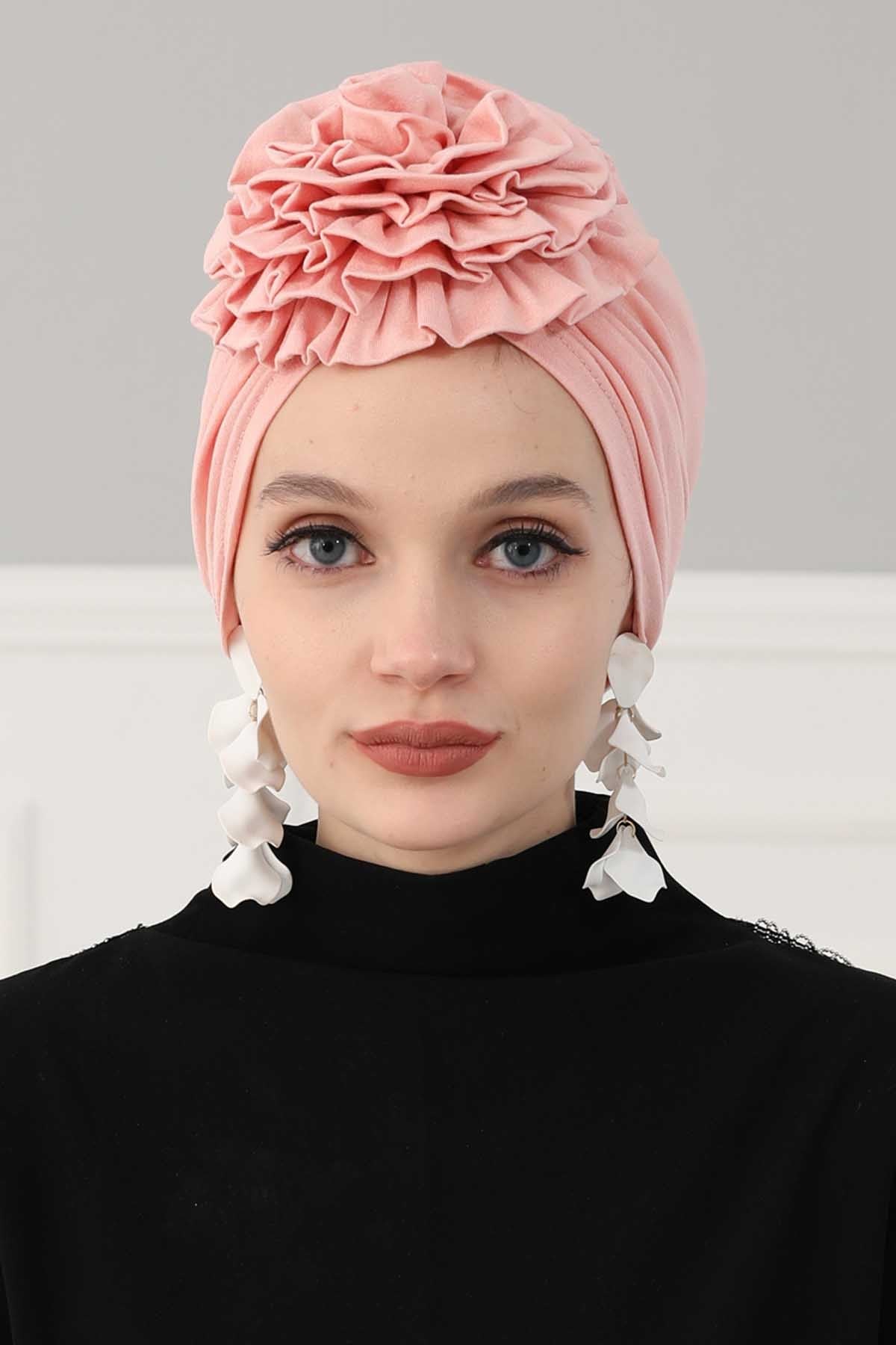 Chic Rose Accent Instant Turban Hijab for Women, Cotton Scarf Chemo Head Wrap, Plain Bonnet Cap with a Beautiful Big Handmade Rose,B-21 Powder