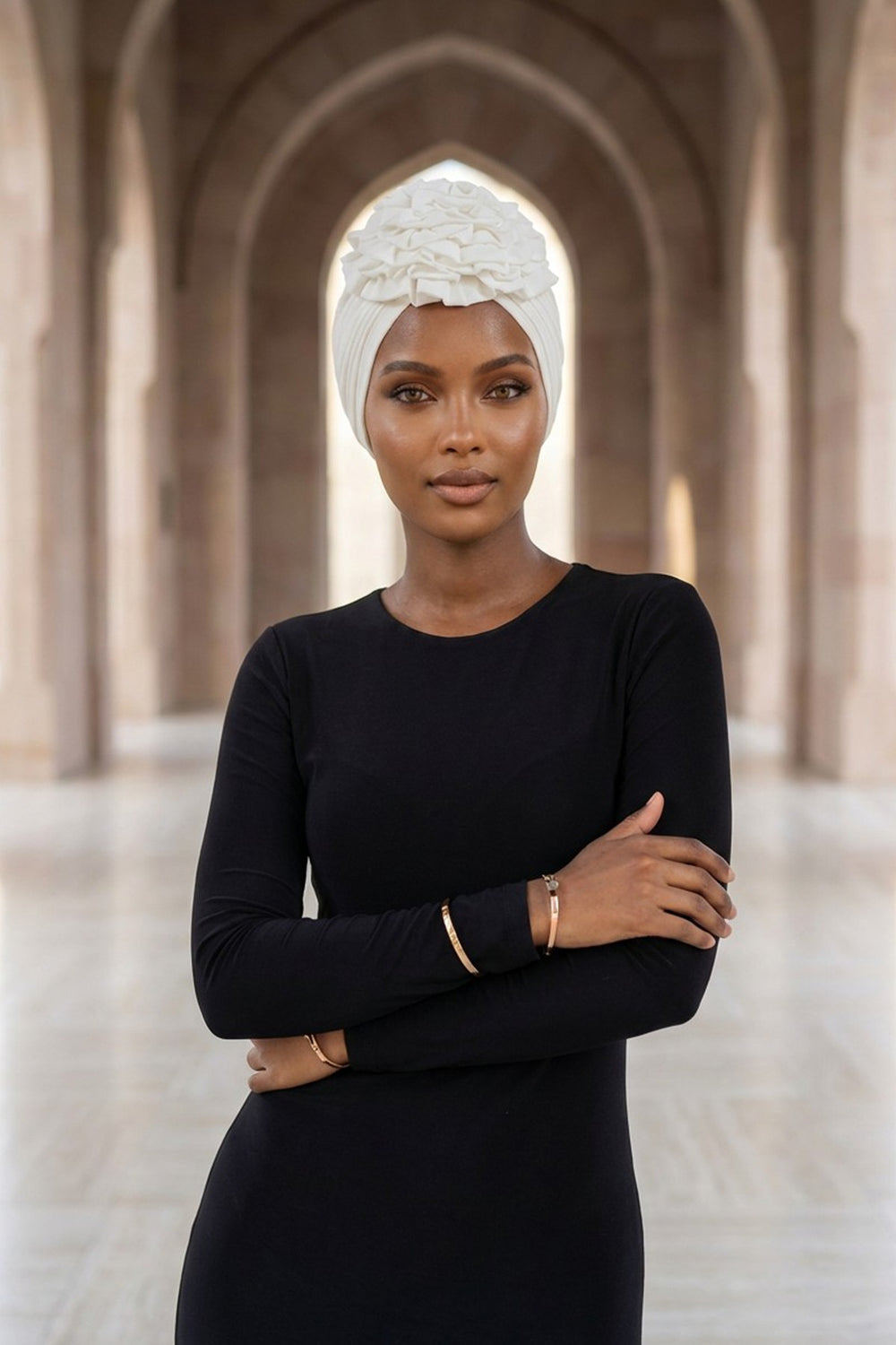 Chic Rose Accent Instant Turban Hijab for Women, Cotton Scarf Chemo Head Wrap, Plain Bonnet Cap with a Beautiful Big Handmade Rose,B-21 Ivory