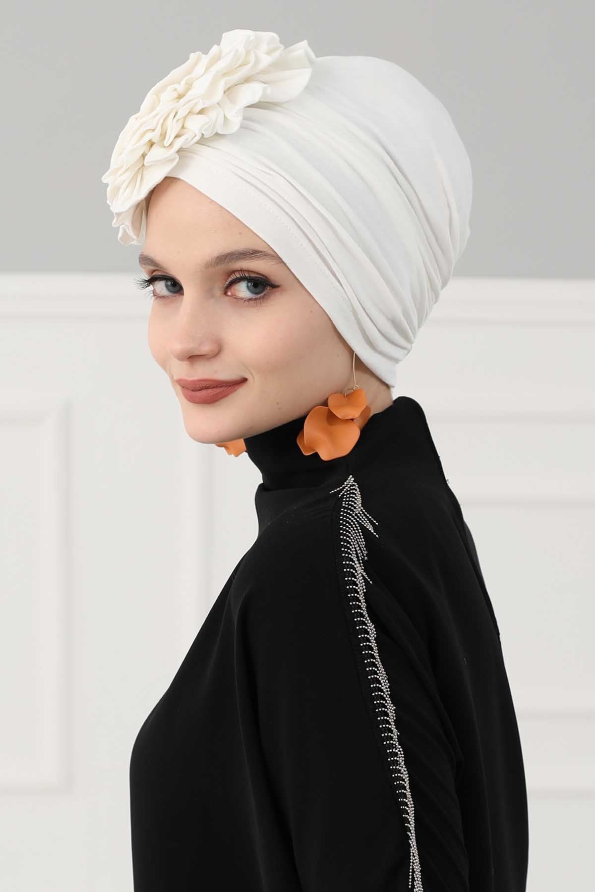 Chic Rose Accent Instant Turban Hijab for Women, Cotton Scarf Chemo Head Wrap, Plain Bonnet Cap with a Beautiful Big Handmade Rose,B-21 Ivory