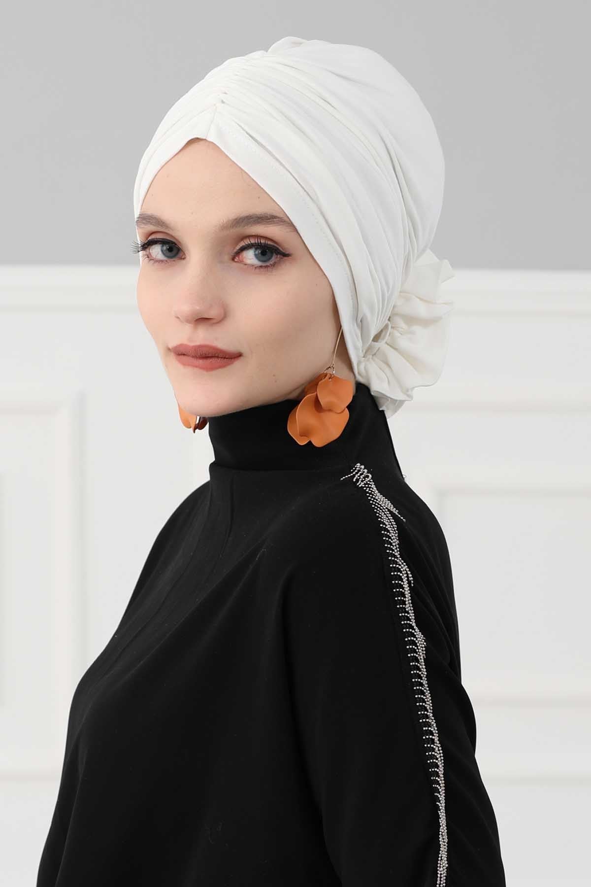 Chic Rose Accent Instant Turban Hijab for Women, Cotton Scarf Chemo Head Wrap, Plain Bonnet Cap with a Beautiful Big Handmade Rose,B-21 Ivory