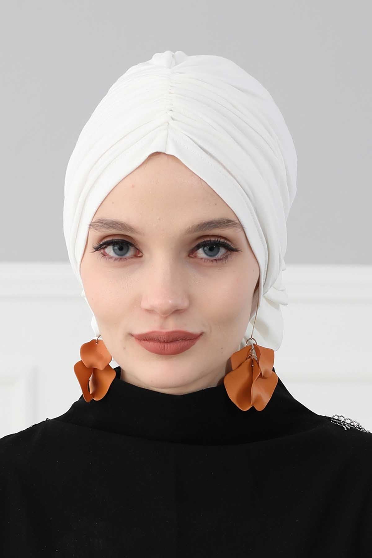 Chic Rose Accent Instant Turban Hijab for Women, Cotton Scarf Chemo Head Wrap, Plain Bonnet Cap with a Beautiful Big Handmade Rose,B-21 Ivory
