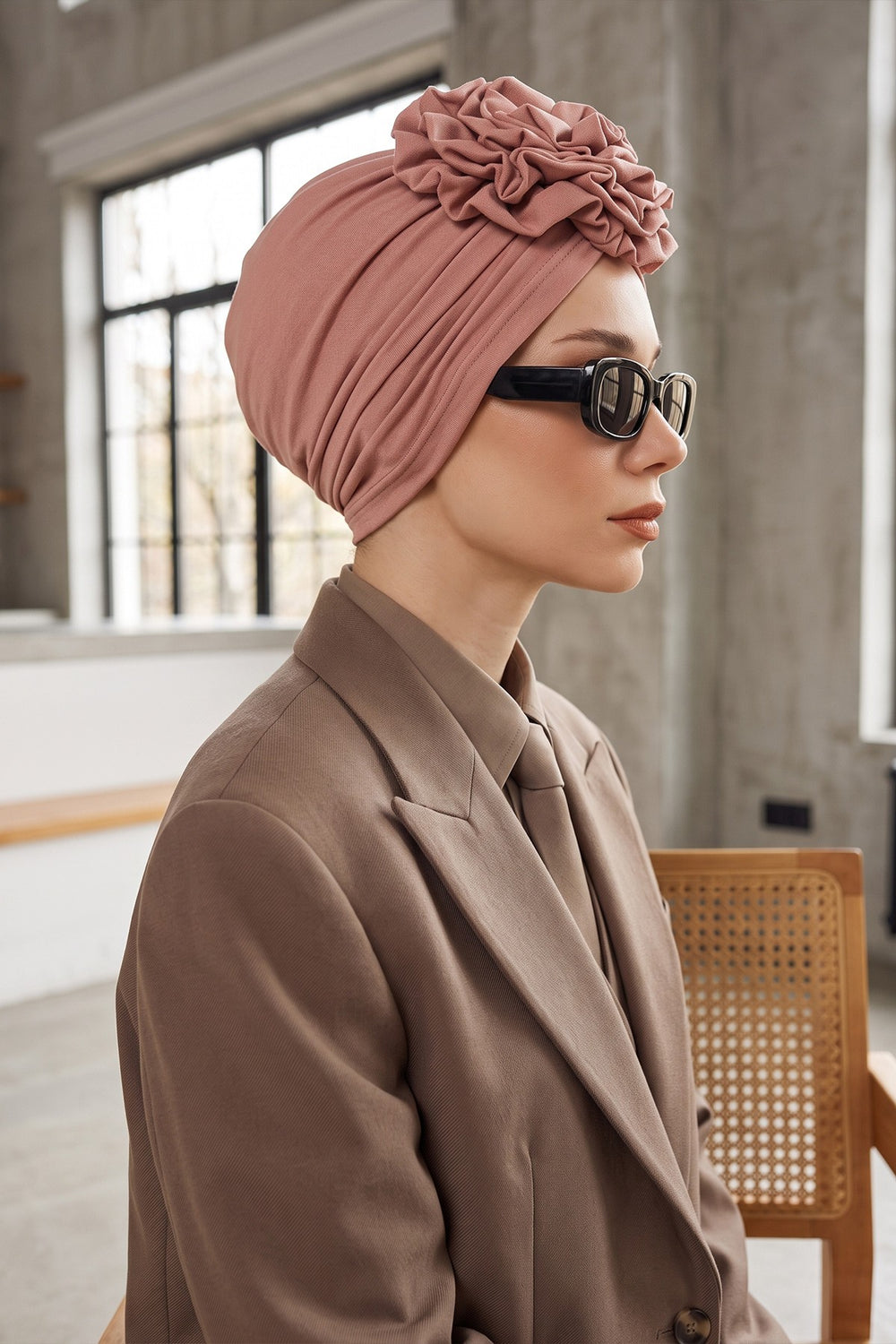 Chic Rose Accent Instant Turban Hijab for Women, Cotton Scarf Chemo Head Wrap, Plain Bonnet Cap with a Beautiful Big Handmade Rose,B-21 Cappucino