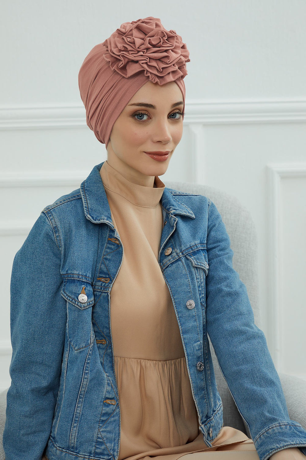 Chic Rose Accent Instant Turban Hijab for Women, Cotton Scarf Chemo Head Wrap, Plain Bonnet Cap with a Beautiful Big Handmade Rose,B-21