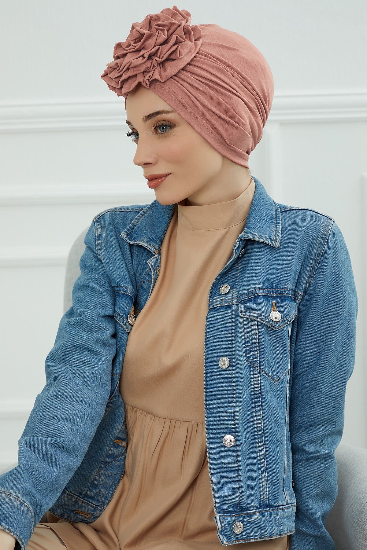 Chic Rose Accent Instant Turban Hijab for Women, Cotton Scarf Chemo Head Wrap, Plain Bonnet Cap with a Beautiful Big Handmade Rose,B-21