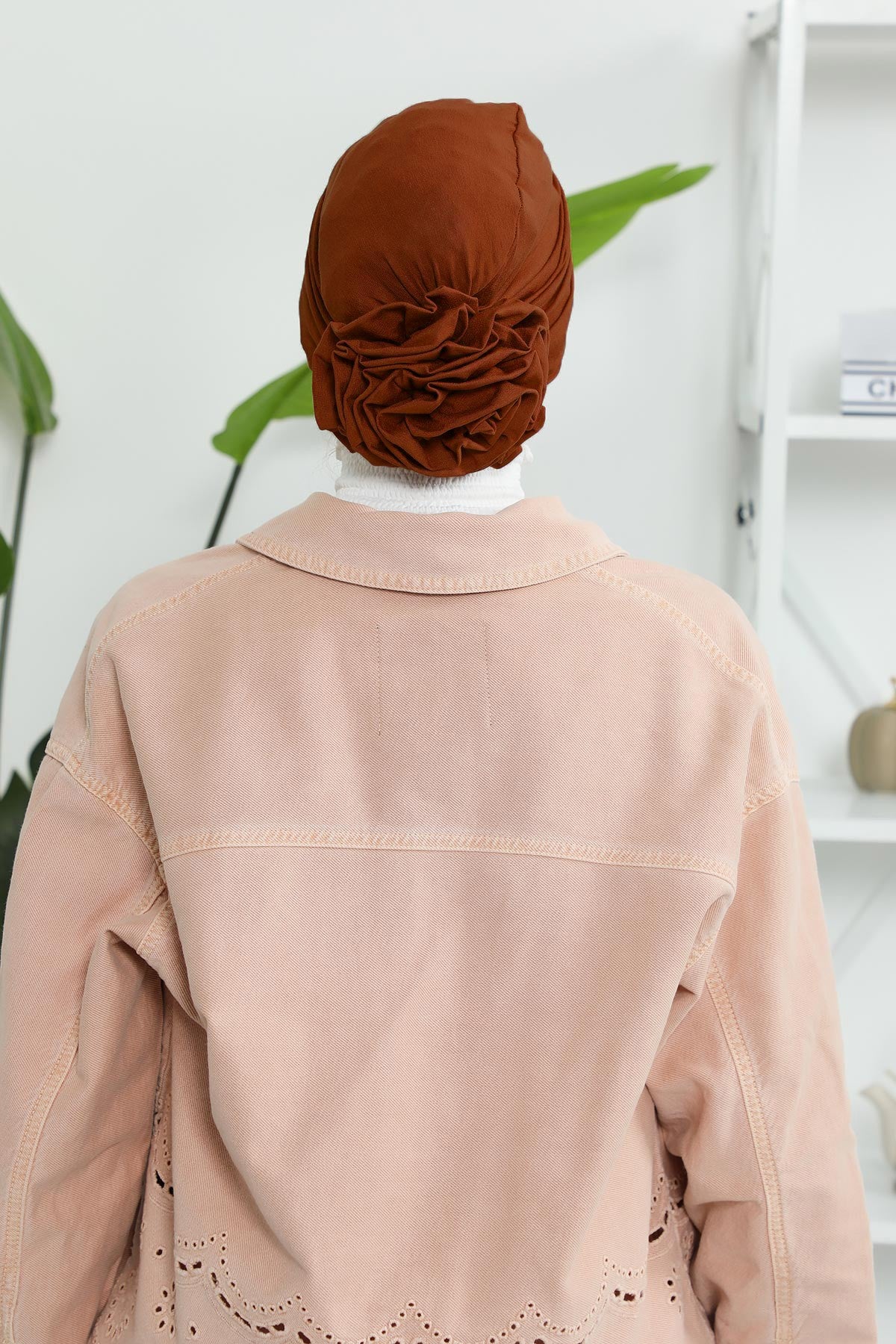 Chic Rose Accent Instant Turban Hijab for Women, Cotton Scarf Chemo Head Wrap, Plain Bonnet Cap with a Beautiful Big Handmade Rose,B-21