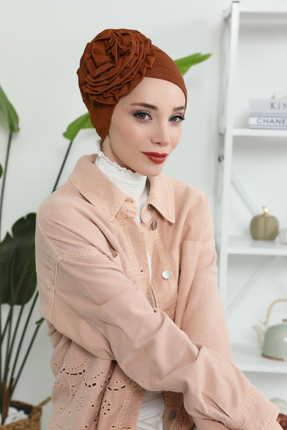Chic Rose Accent Instant Turban Hijab for Women, Cotton Scarf Chemo Head Wrap, Plain Bonnet Cap with a Beautiful Big Handmade Rose,B-21