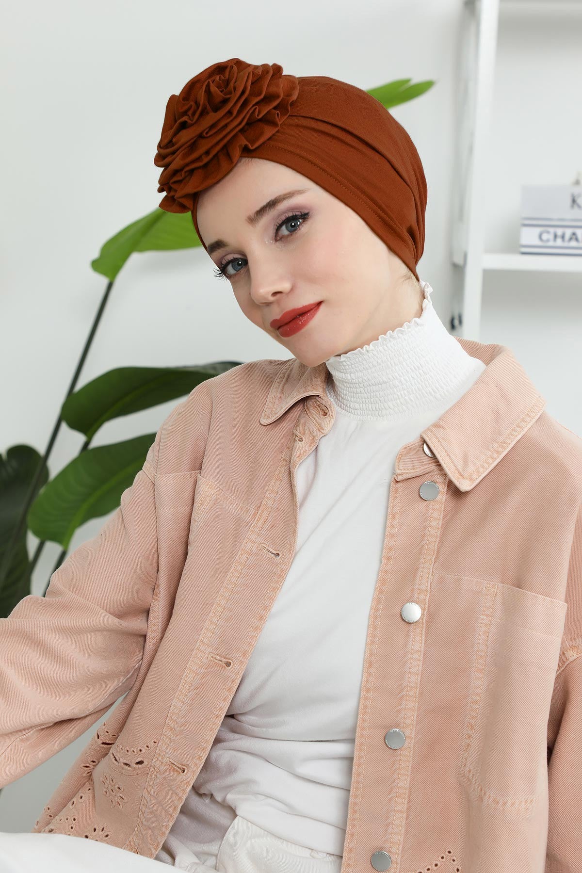 Chic Rose Accent Instant Turban Hijab for Women, Cotton Scarf Chemo Head Wrap, Plain Bonnet Cap with a Beautiful Big Handmade Rose,B-21