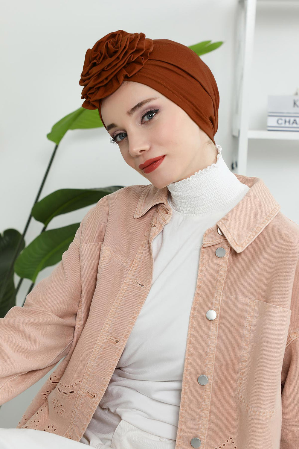 Chic Rose Accent Instant Turban Hijab for Women, Cotton Scarf Chemo Head Wrap, Plain Bonnet Cap with a Beautiful Big Handmade Rose,B-21