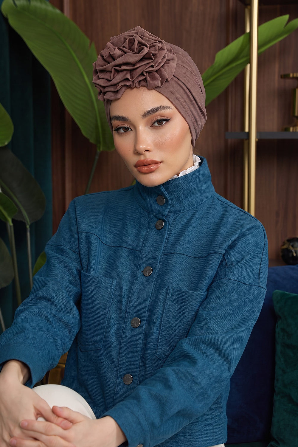 Chic Rose Accent Instant Turban Hijab for Women, Cotton Scarf Chemo Head Wrap, Plain Bonnet Cap with a Beautiful Big Handmade Rose,B-21 Chocolate