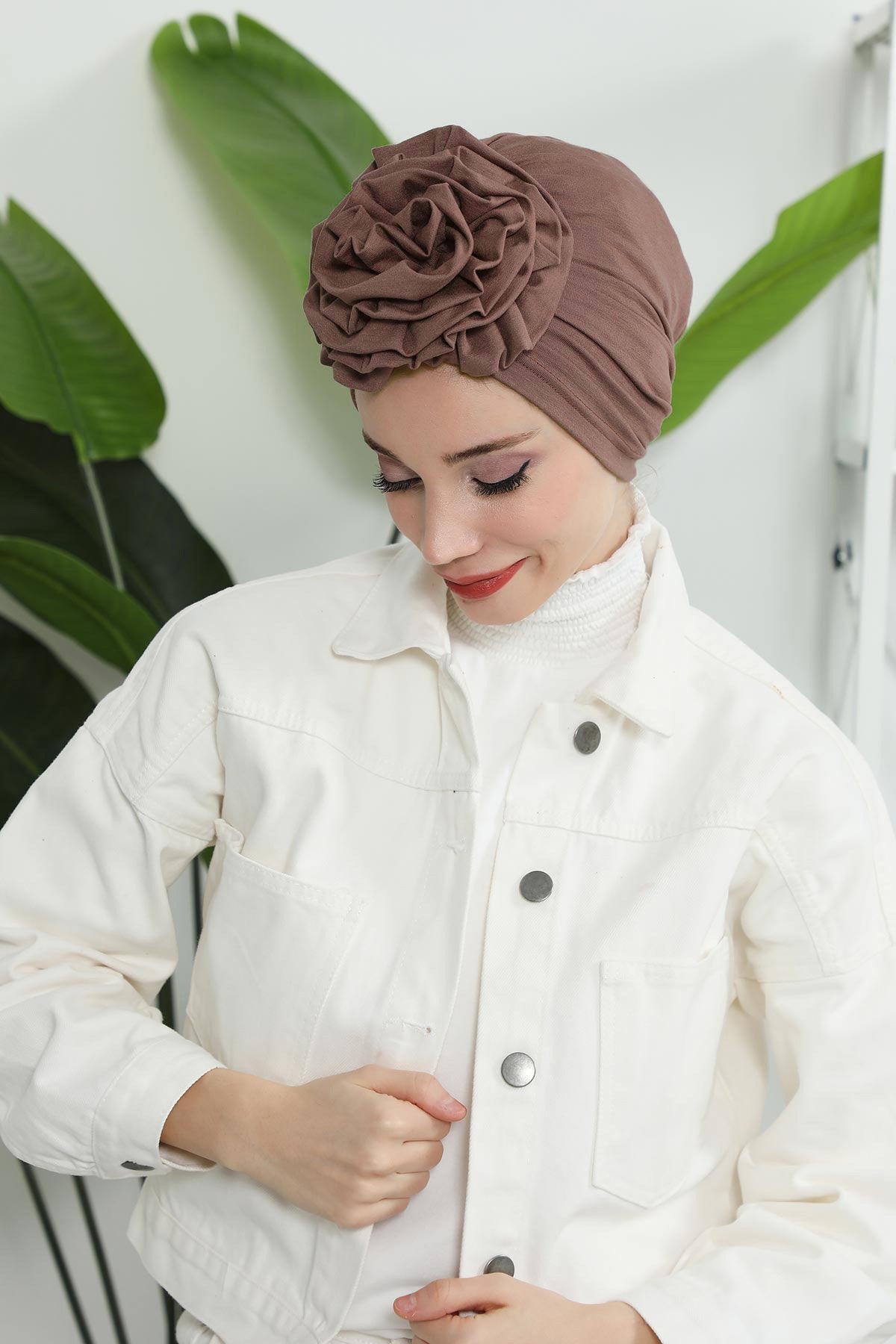 Chic Rose Accent Instant Turban Hijab for Women, Cotton Scarf Chemo Head Wrap, Plain Bonnet Cap with a Beautiful Big Handmade Rose,B-21