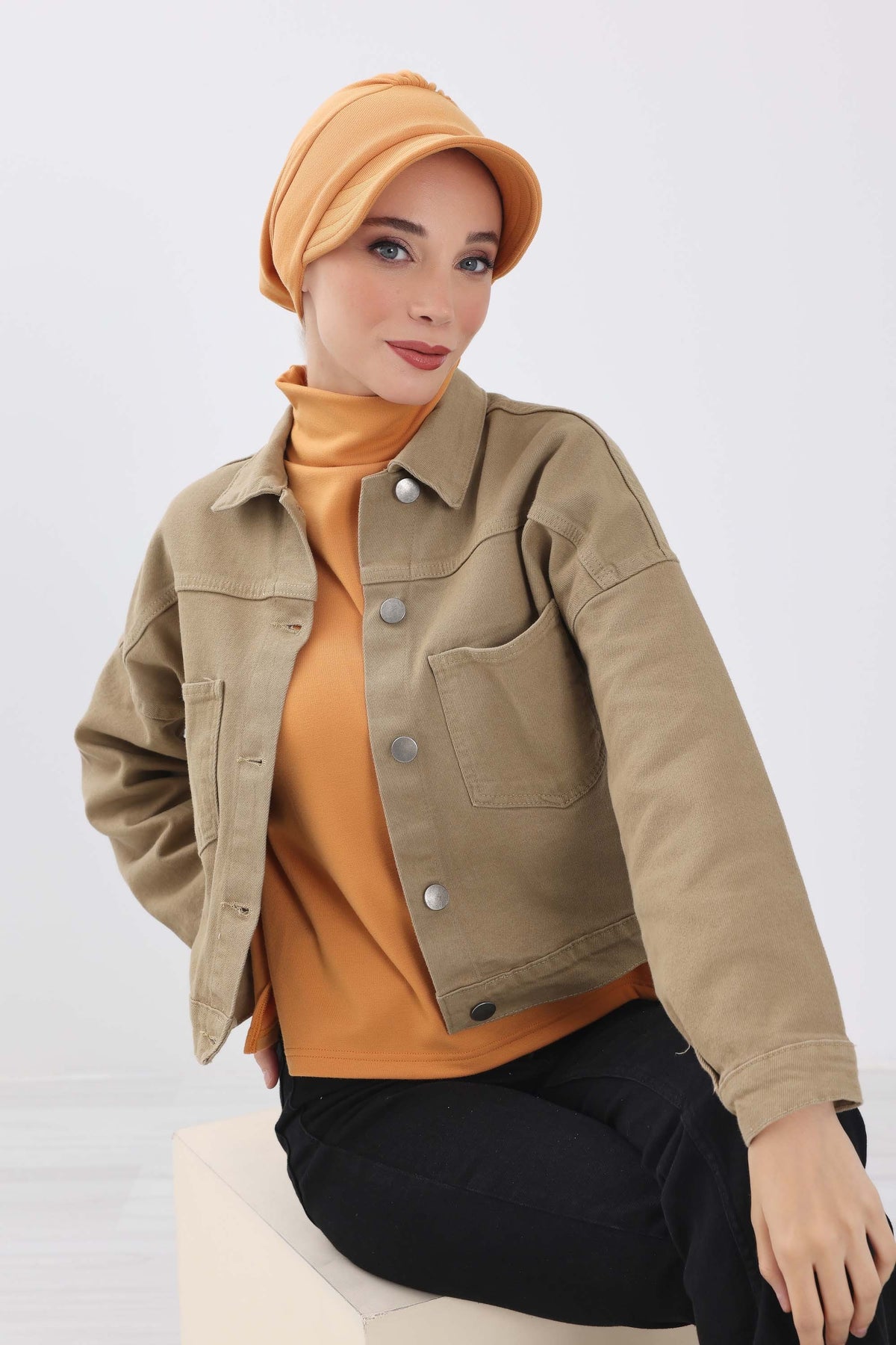 Chic Winter Visor Turban Hat for Women, Warm Ribbed Polyviscose Headwrap, Fashionable Polyviscose Headwrap for Winter,B-73RB Orange