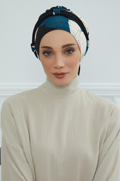 Instant Turban Cotton Scarf Head Wrap with Chiffon Headband, Lightweight Multicolor Headwear Bonnet Cap with Various Pattern Options,B-24YD