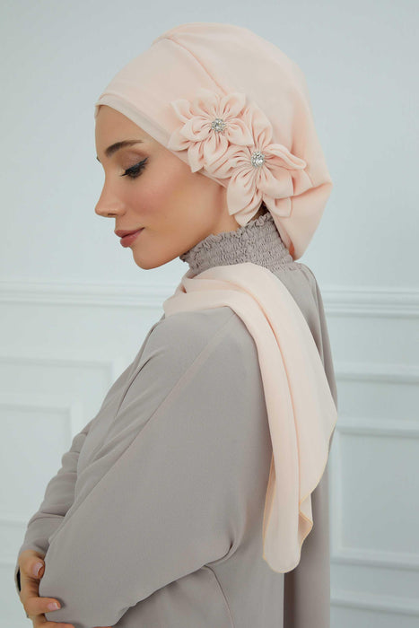 Chiffon Instant Turban with Elegant Floral Applique & Rhinestone Embellishments, Beautiful Instant Turban with Handmade Flowers Figures,HT-8