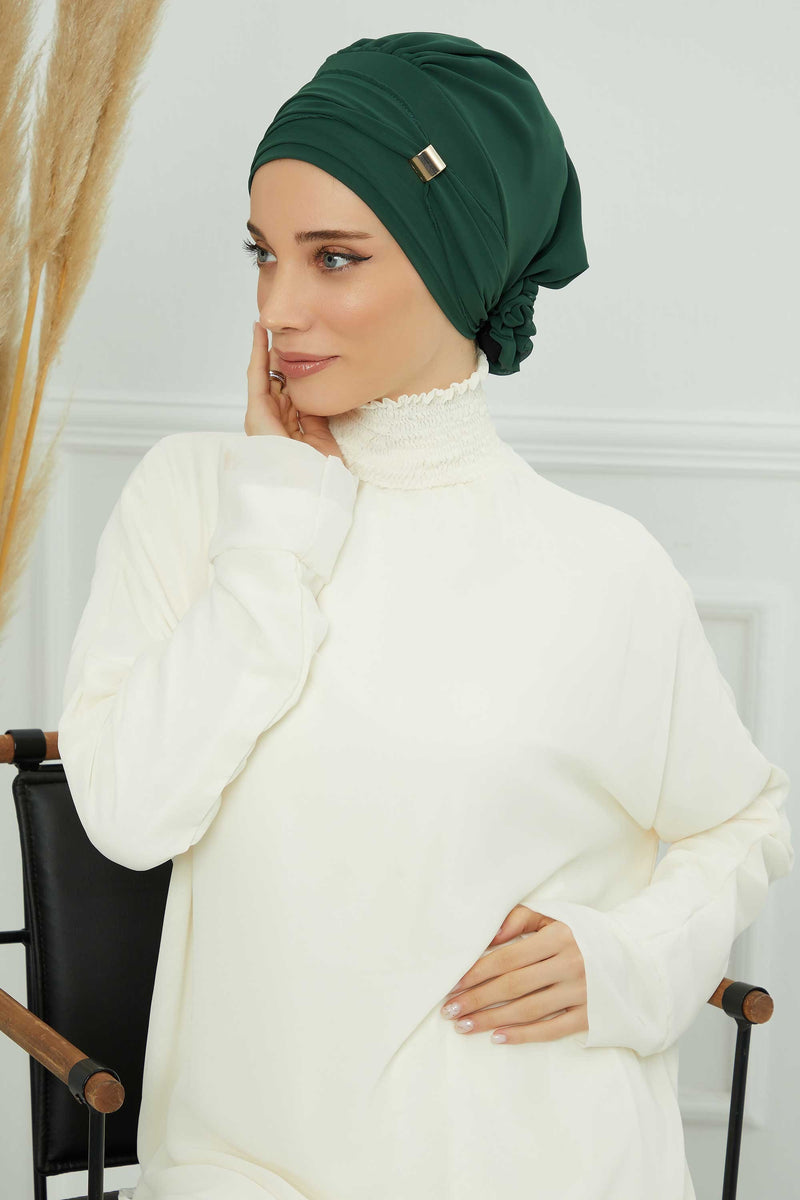 Chiffon Instant Turban with Sleek Gold Accent, Pre-Tied Hijab Cap for Women, Elegant Ready-to-Wear Modest Headwrap,HT-95S