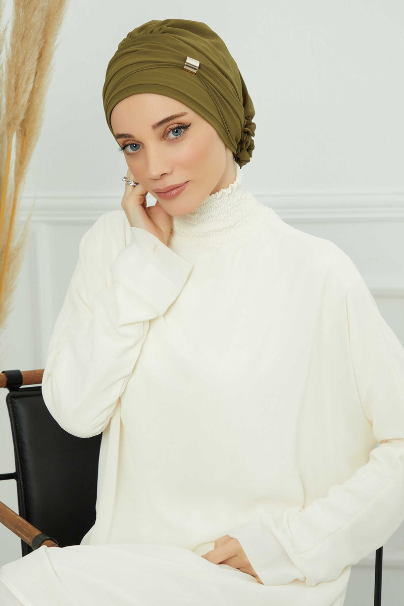Chiffon Instant Turban with Sleek Gold Accent, Pre-Tied Hijab Cap for Women, Elegant Ready-to-Wear Modest Headwrap,HT-95S