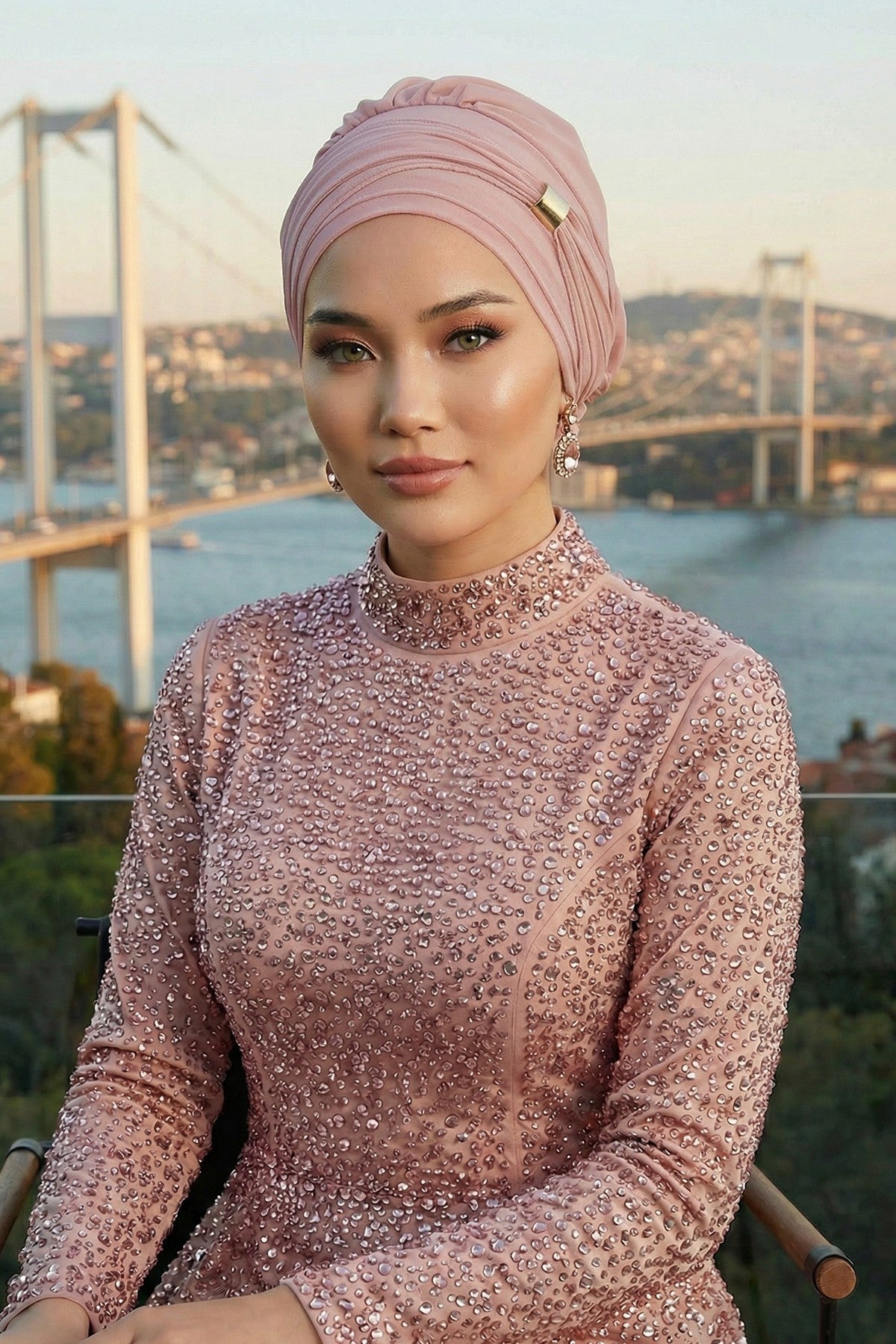 Chiffon Instant Turban with Sleek Gold Accent, Pre-Tied Hijab Cap for Women, Elegant Ready-to-Wear Modest Headwrap,HT-95S Powder