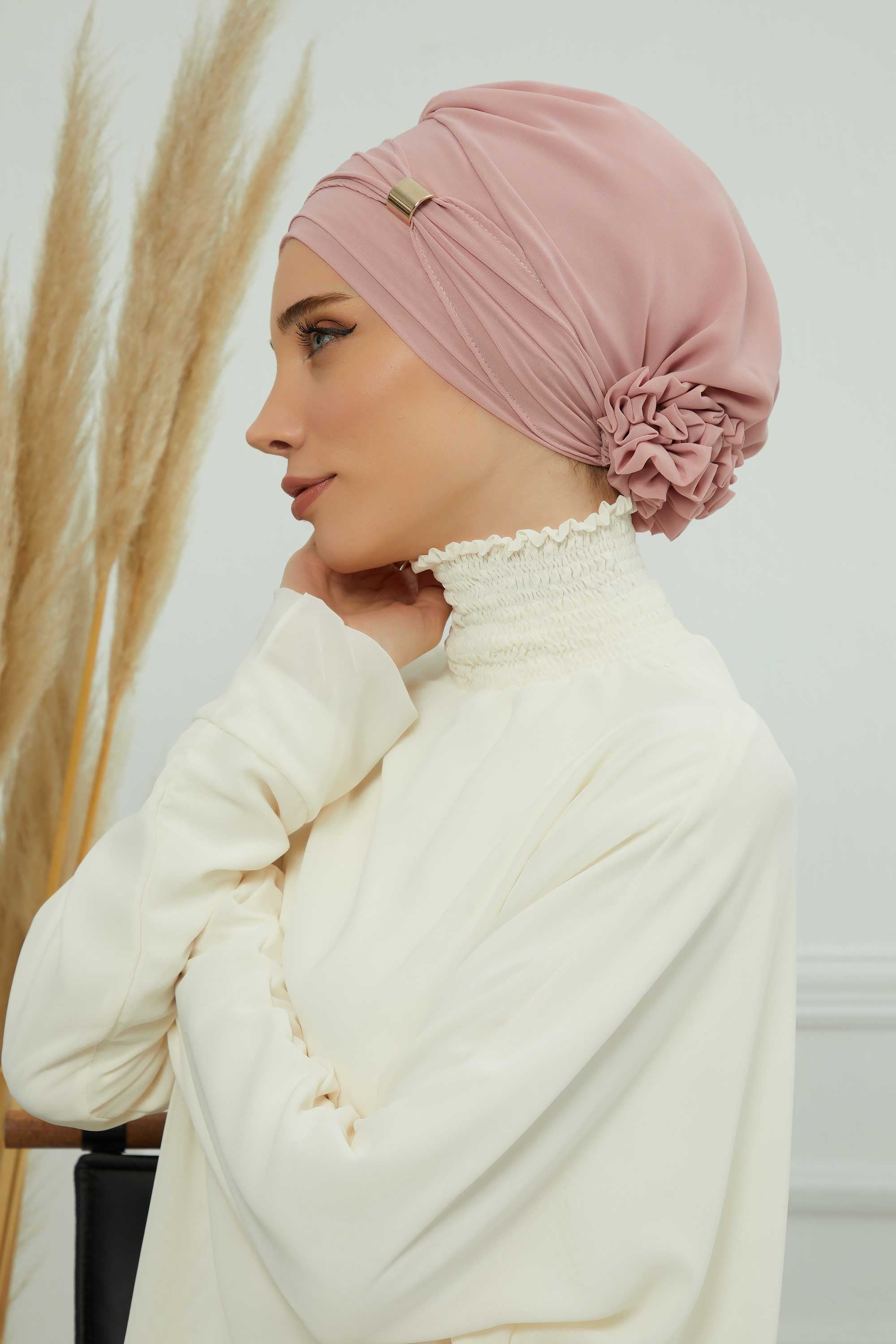 Chiffon Instant Turban with Sleek Gold Accent, Pre-Tied Hijab Cap for Women, Elegant Ready-to-Wear Modest Headwrap,HT-95S Powder