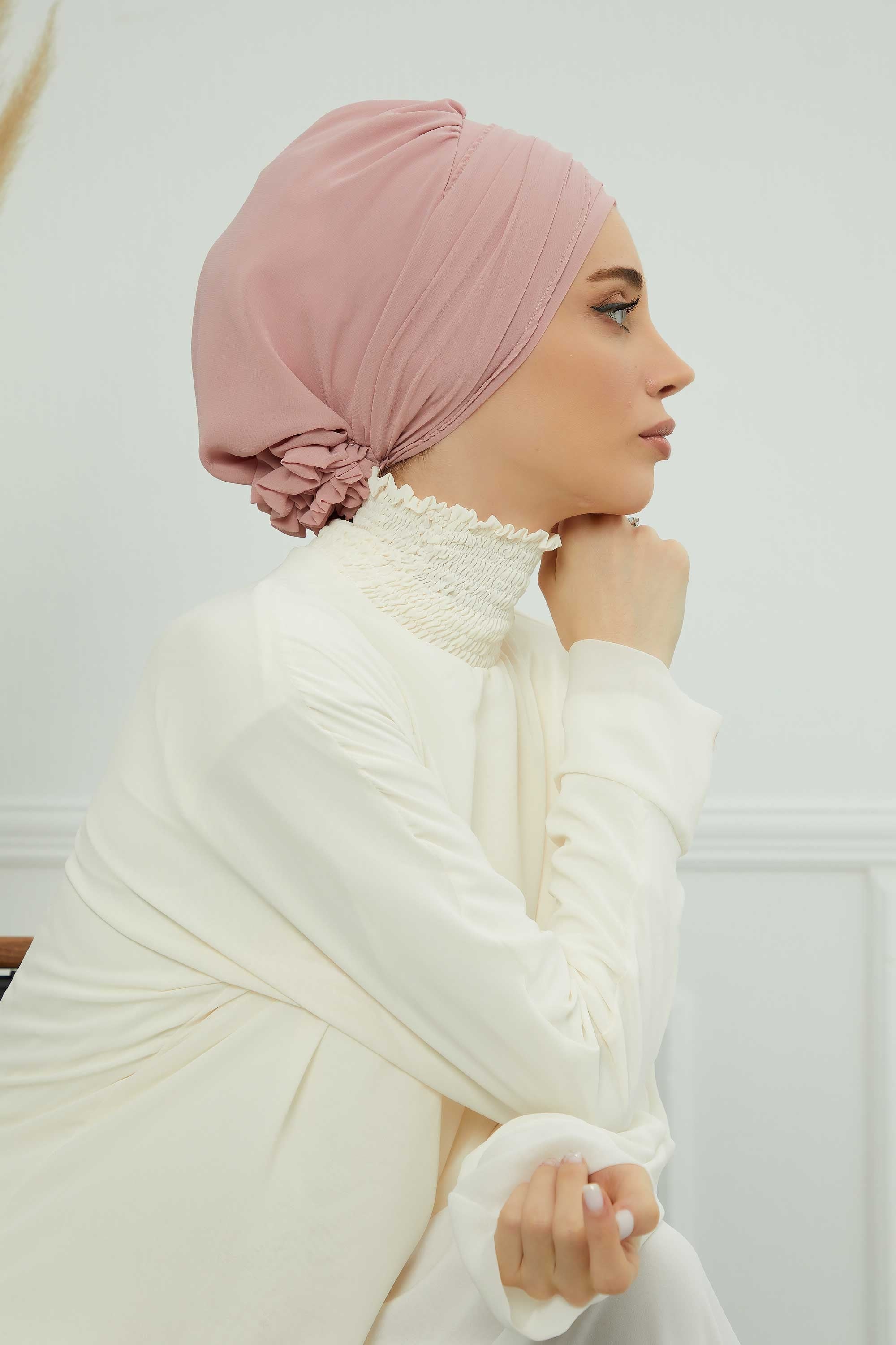 Chiffon Instant Turban with Sleek Gold Accent, Pre-Tied Hijab Cap for Women, Elegant Ready-to-Wear Modest Headwrap,HT-95S Powder