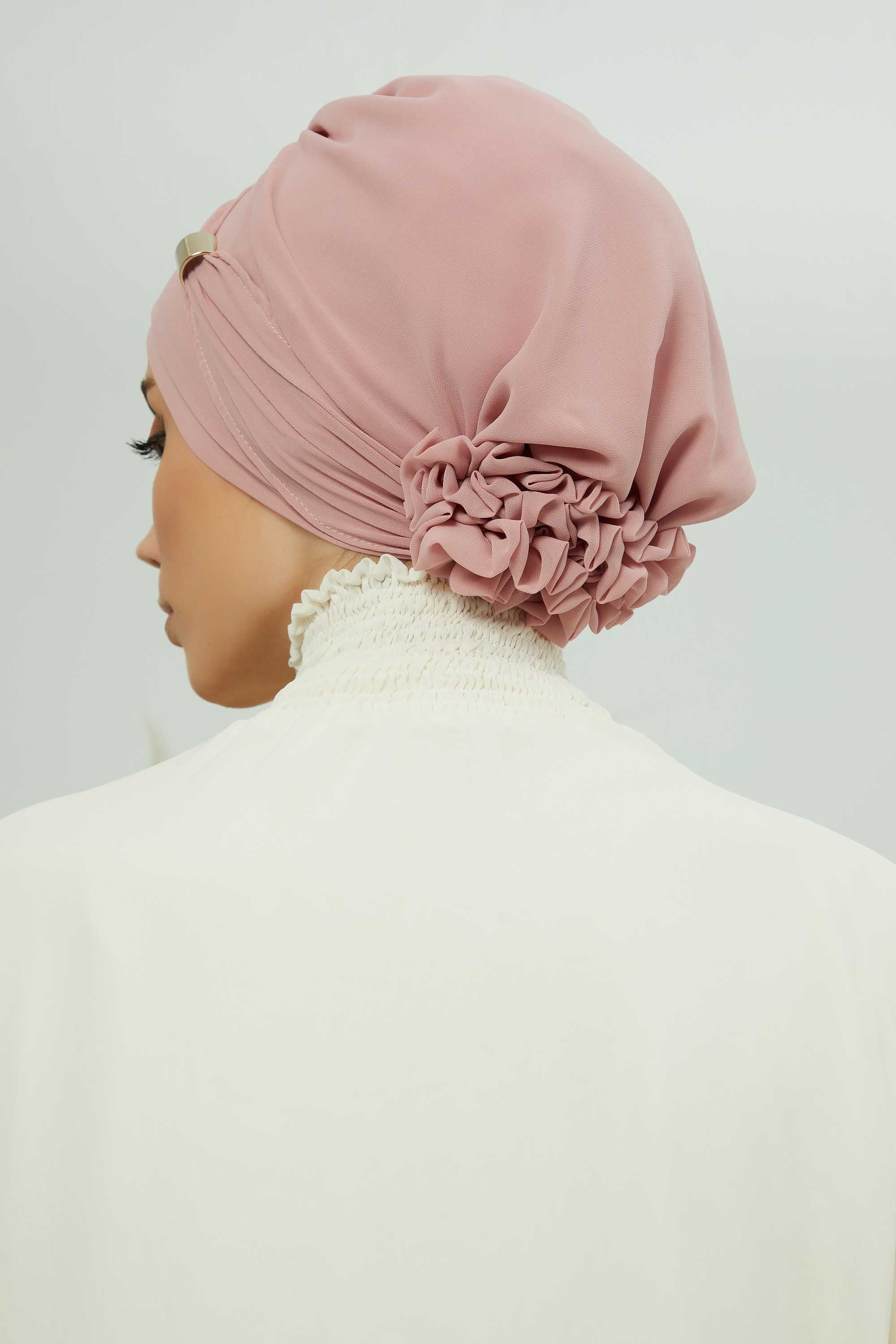 Chiffon Instant Turban with Sleek Gold Accent, Pre-Tied Hijab Cap for Women, Elegant Ready-to-Wear Modest Headwrap,HT-95S Powder
